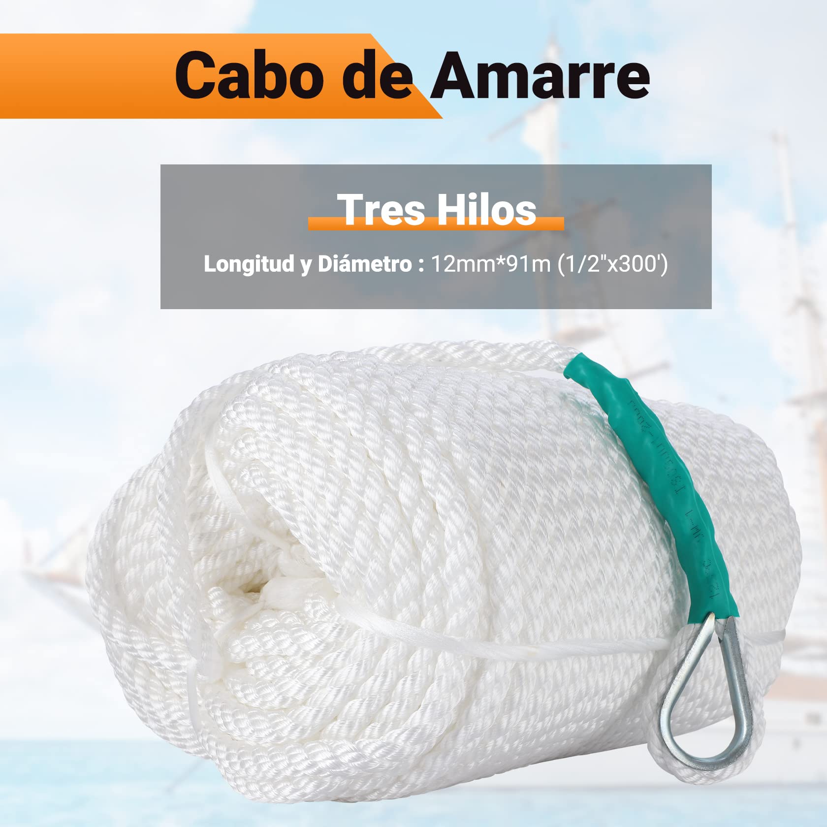 CarBole Cuerda de barco, cuerda de amarre, cuerda de muelle multifuncional de 12 mm x 91 m para supervivencia, navegación, deportes, camping, vela, senderismo (blanco) (5600 libras)