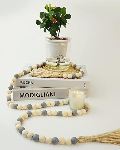 Miniatura 5 de Guirnalda de cuentas de madera con borlas, guirnalda de cuentas de madera de 61 pulgadas, decoración moderna de granja, decoración bohemia para el