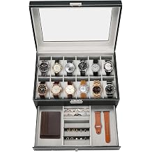 12 Slot PU Leather Lockable Watch Storage Boxes | 2-Tier Organizer Watch Showcase,Men & Women Jewelry Display Drawer Case Display Earrings Storage Organizer