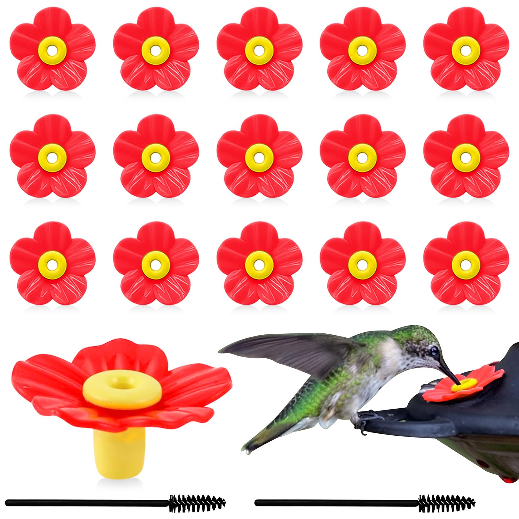 Photo 1 of 16 Sets Replacement Flowers for Hummingbird Feeder Parts with 2pcs Humming Bird Feeder Brushes for Cleaning, Hummingbird Feeder Replacement Flowers for Outdoor Hanging Bird Feeder Bee Guards Kit