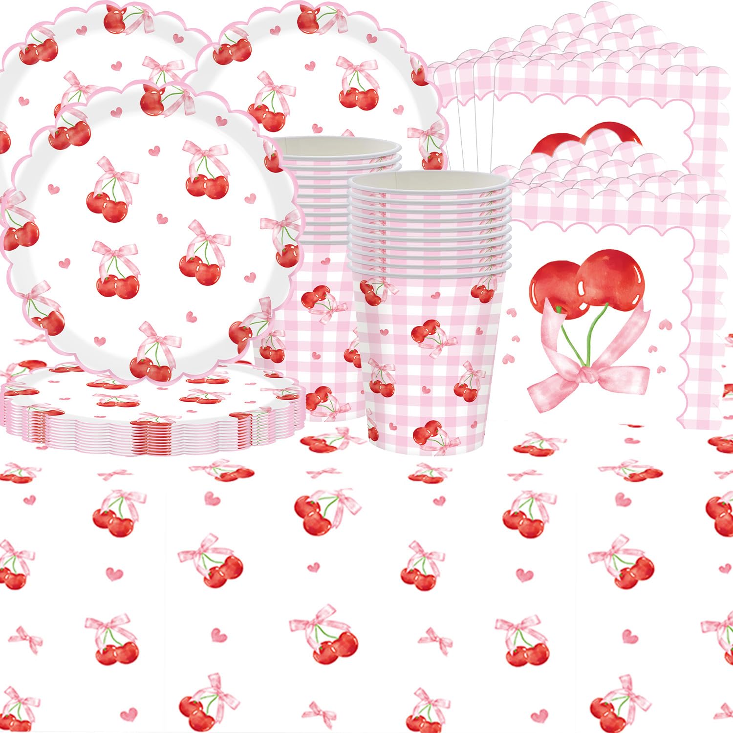 61 pezzi rosa Lace Cherry stoviglie per feste di compleanno delle ragazze, include piatti di carta, bicchieri di carta, tovaglioli di carta e tovaglie per una festa di compleanno per 20 persone