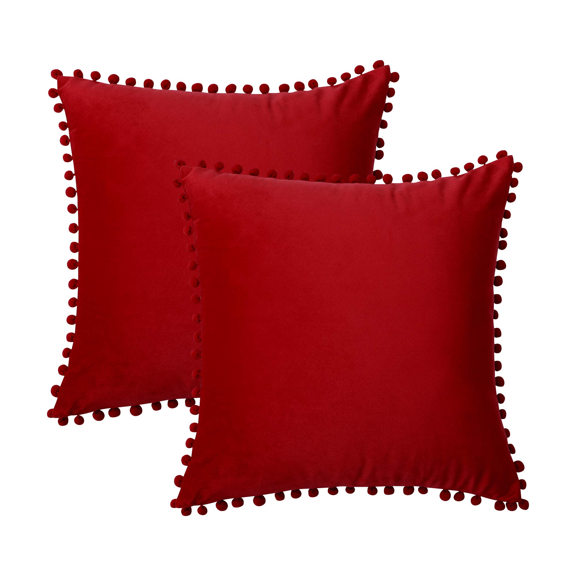 Deconovo Happy New Year Decorations, Pillow Covers, Velvet Throw Pillow Covers, Set of 2, 24"x 24" Red, Decorative Soft Farmhouse Square Pom-poms Case for Bedroom