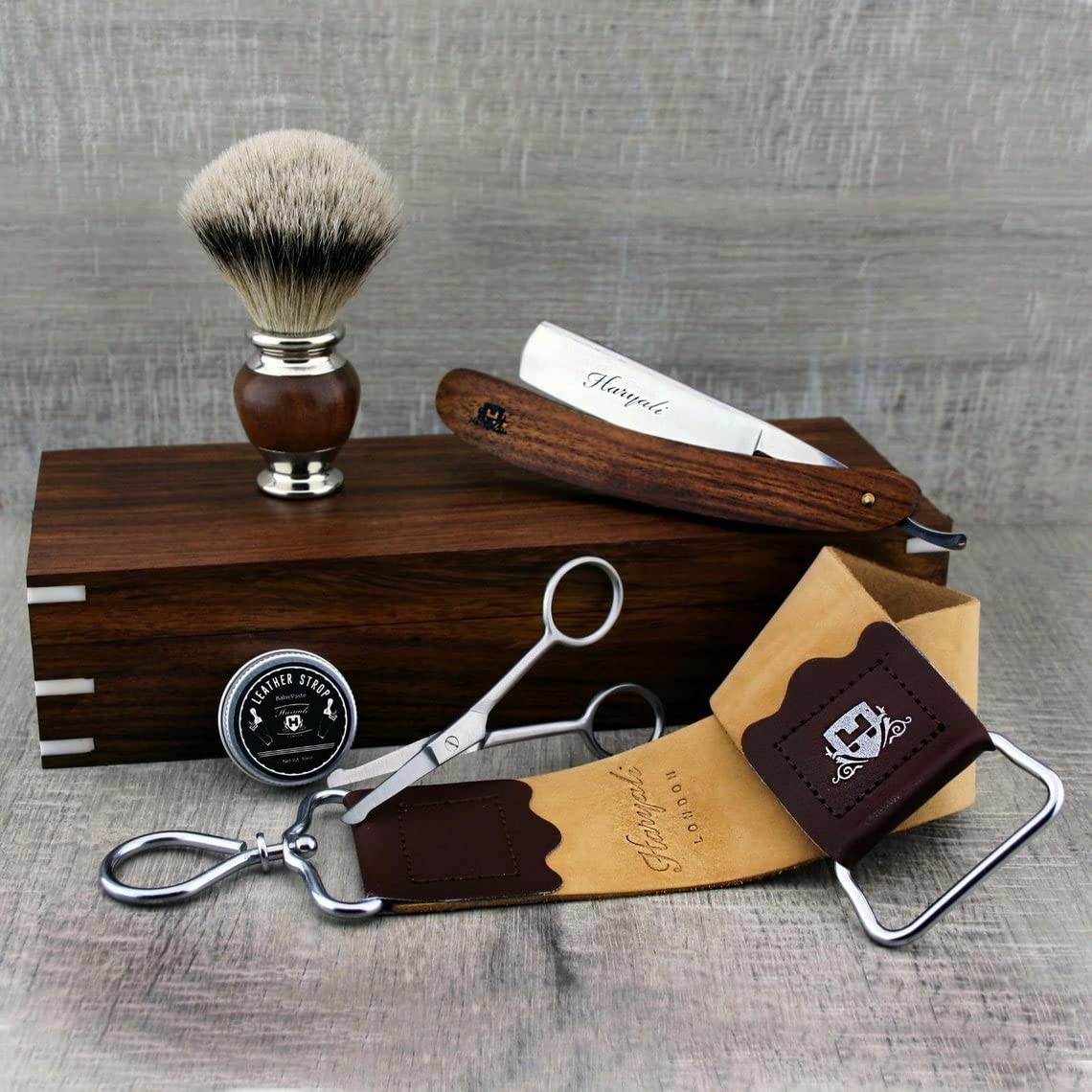 Haryali London Silver Wooden Handmade Shaving Kit With Leather Strop, Tip Badger Brush, Straight Razor, Scissor, Strop Paste Comes In Wooden Box
