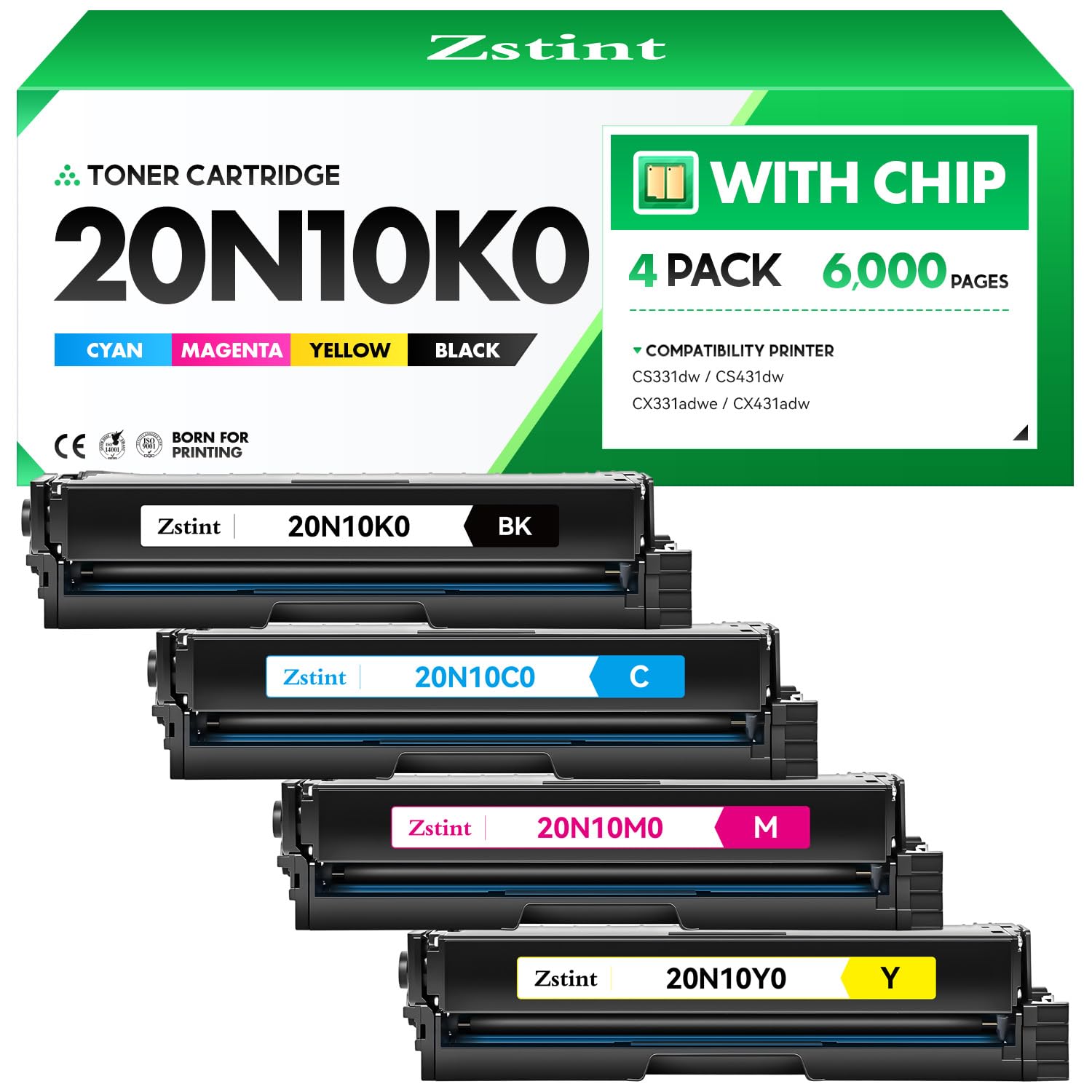 20N10K0 20N10C0 20N10M0 20N10Y0 Toner Cartridge Set（4-Pack with chip）Replacement Compatible for Lexmark Color CS331dw CS431dw CX331adwe CX431adw Laser