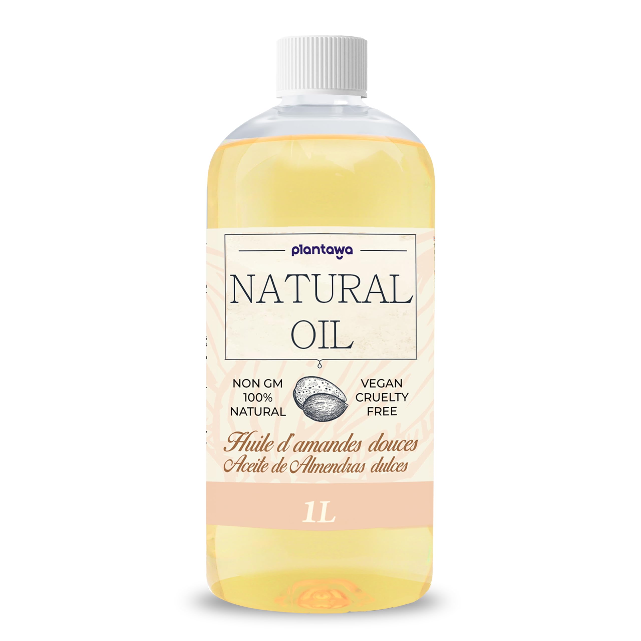 PLANTAWA Aceite Almendras Dulces 1l, Múltiples Usos, Hidrata Cuerpo, Piel, Uñas, Cabello,Aporta Vitamina E, Sostenible, Marrón