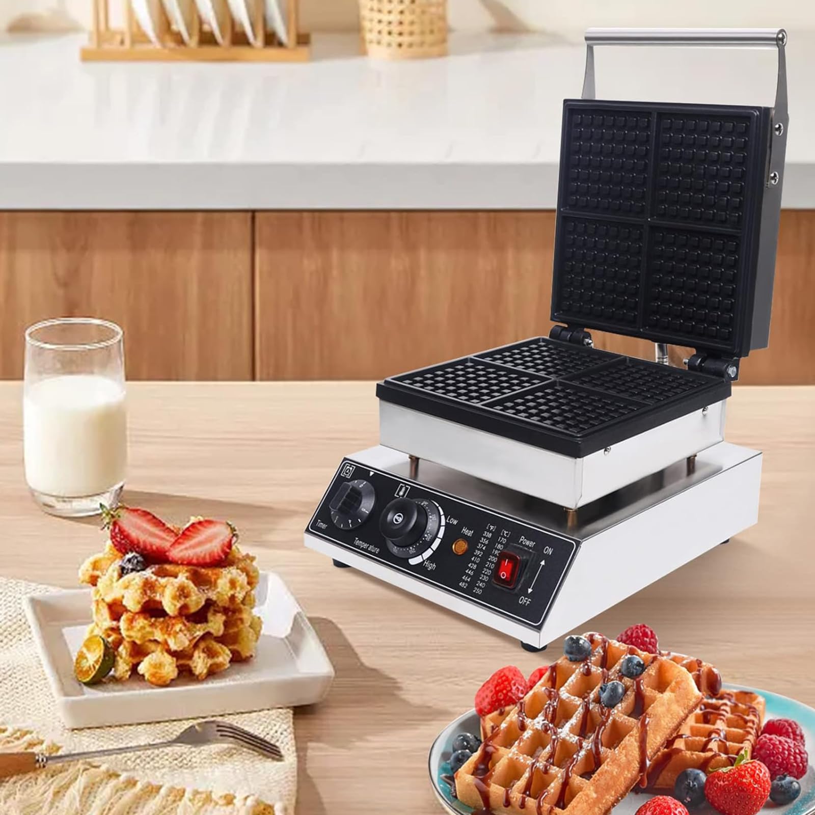 Gofrera Eléctrico De 4 Gofres, Waffle Maker con Control De Temperatura Y Tiempo, MáQuina Antiadherente para Hacer Gofres Belgas para Desayuno,Panadería,Restaurante,Barra De Refrigerios