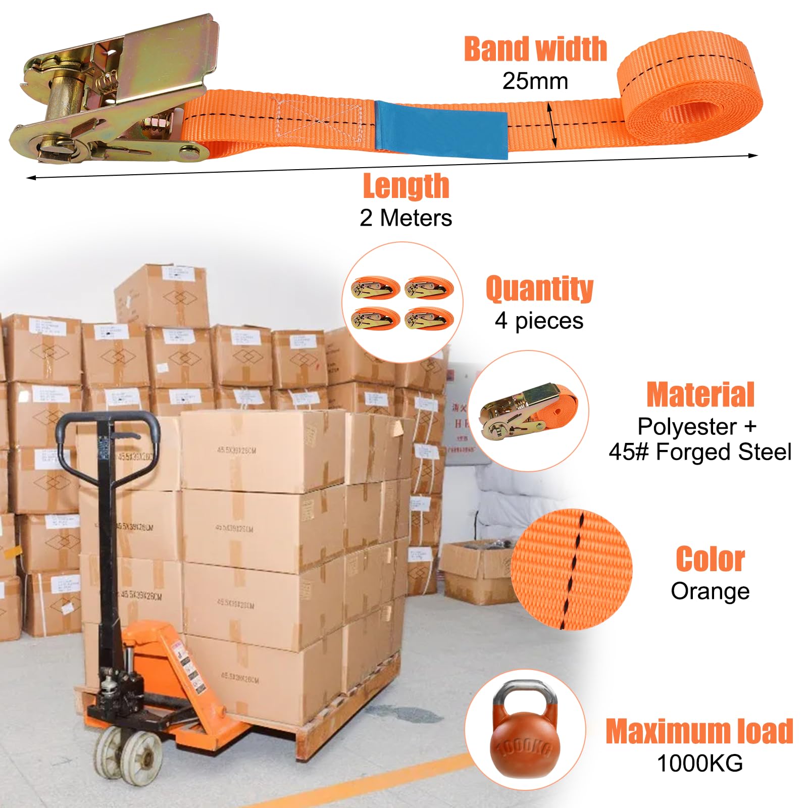 4 Spanngurte Mit Ratsche | 2m Länge, 250kg Tragkraft | Orange Zurrgurte Für Auto & Transport