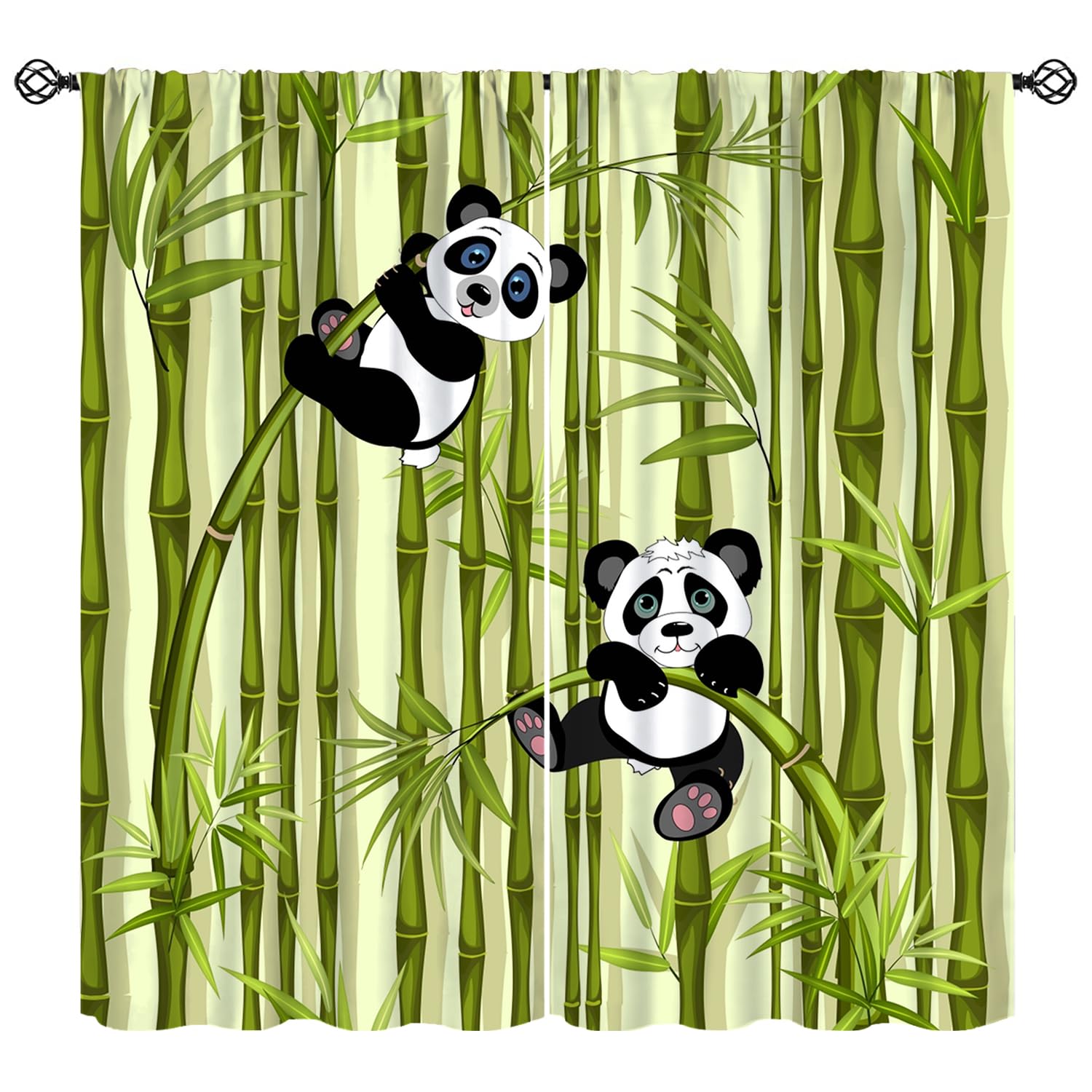 KANEPE Cute Pandas Curtains, Pandas Hanging Green Bamboo Print Window Treatments, Rod Pocket Thermal Insulated Drapes 2 Panel Sets for Kids Bedroom Living Room, 42