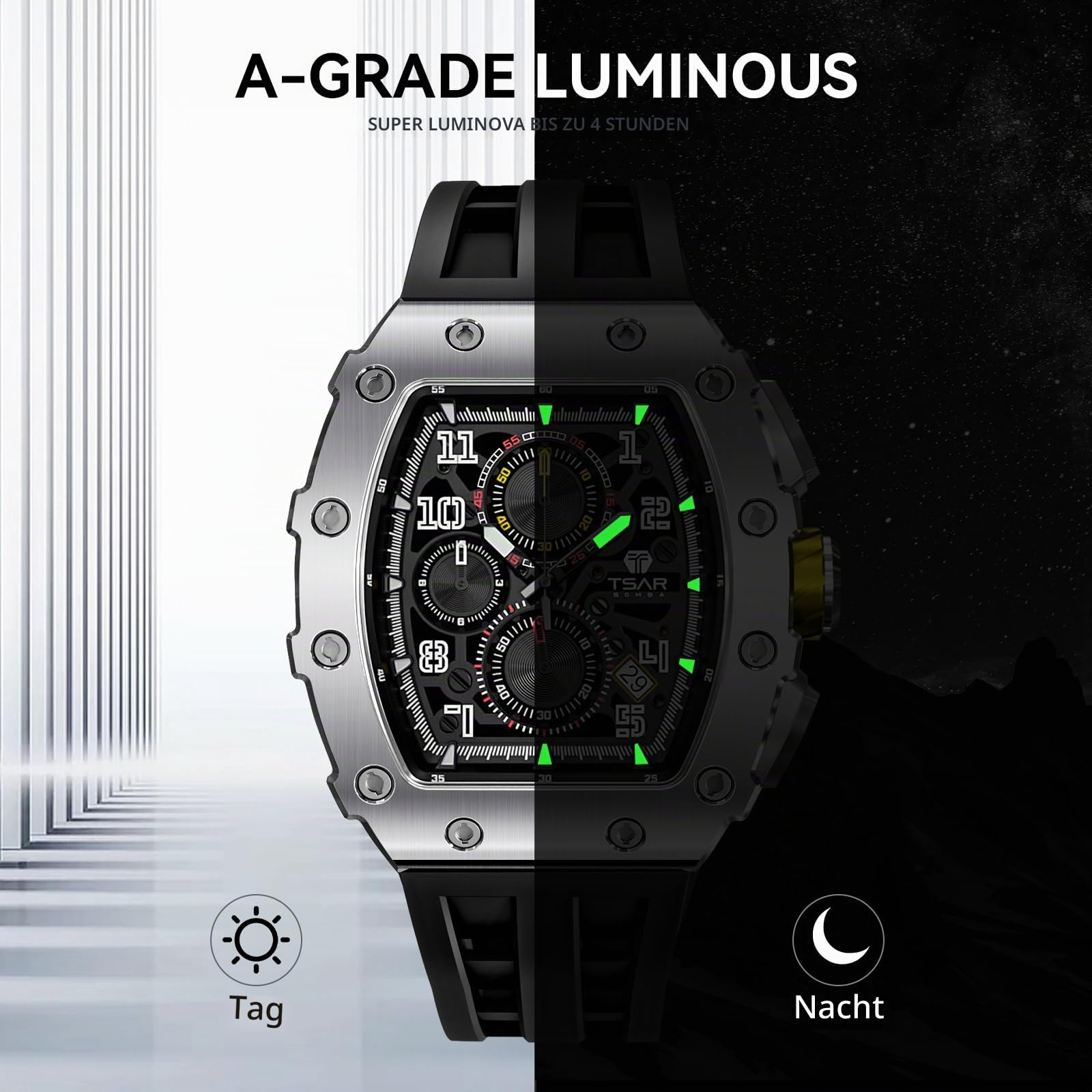 TSAR BOMBA Luxusuhr für Herren mit Quarzwerk, leuchtendem Zifferblatt, 5 ATM wasserdicht, Silikonarmband – Business-Herrenuhr als Festtagsgeschenk