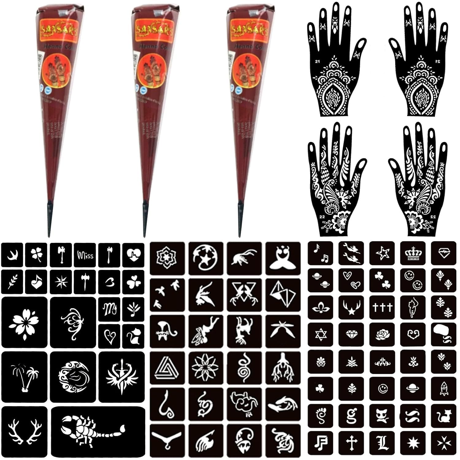 Moricher Temporary Tattoo Kits 3 Henna tattoo cones 101 Stencils Semi Permanent Tattoo Markers Jagua Gel for Women Men Kids DIY Art Painting Party Gifts