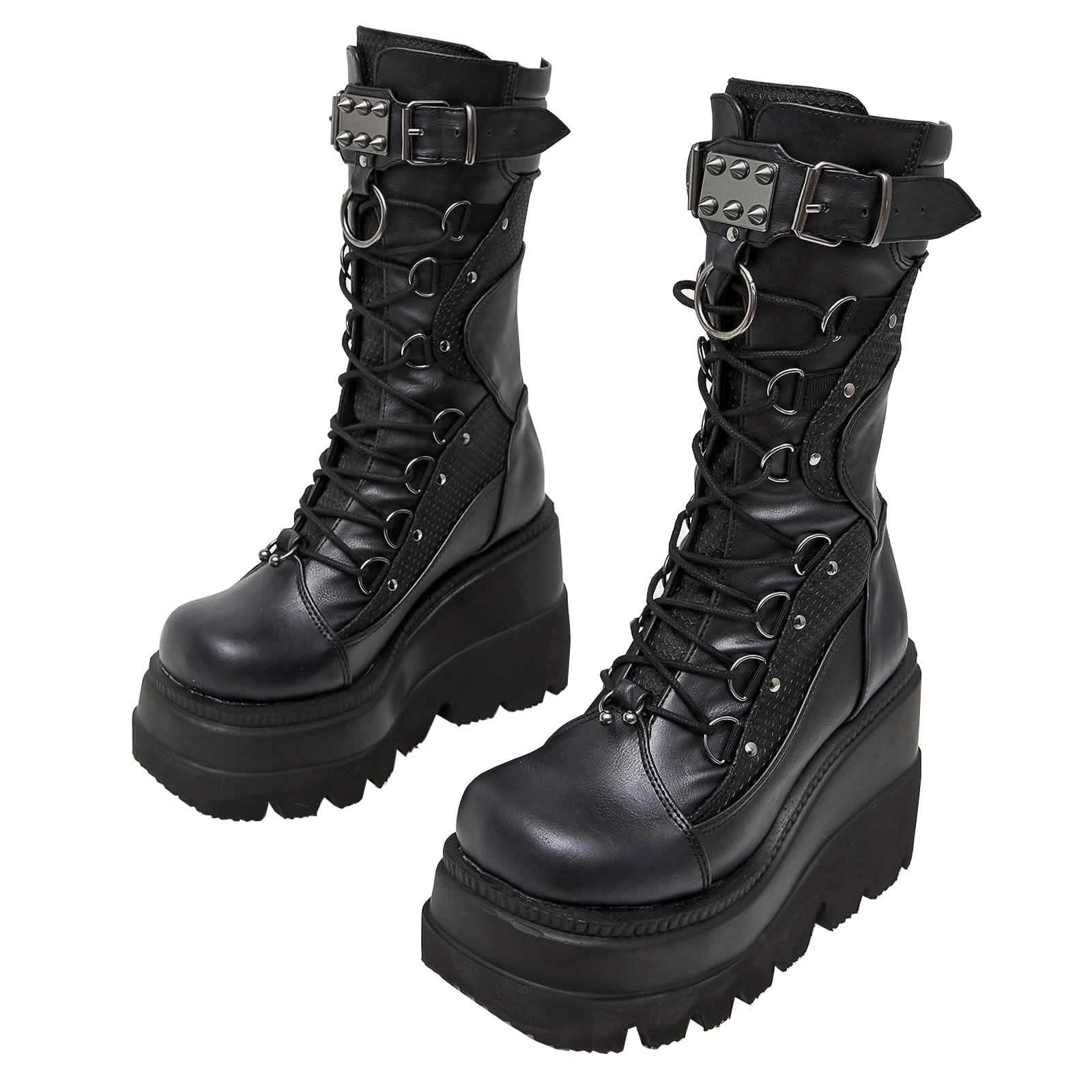 GUNIYIFS Women's Combat Boots High Chunky Platform Punk Gothic Boots Lace Up Round Toe Mid Calf Boots Wedges Motorcycle Boots