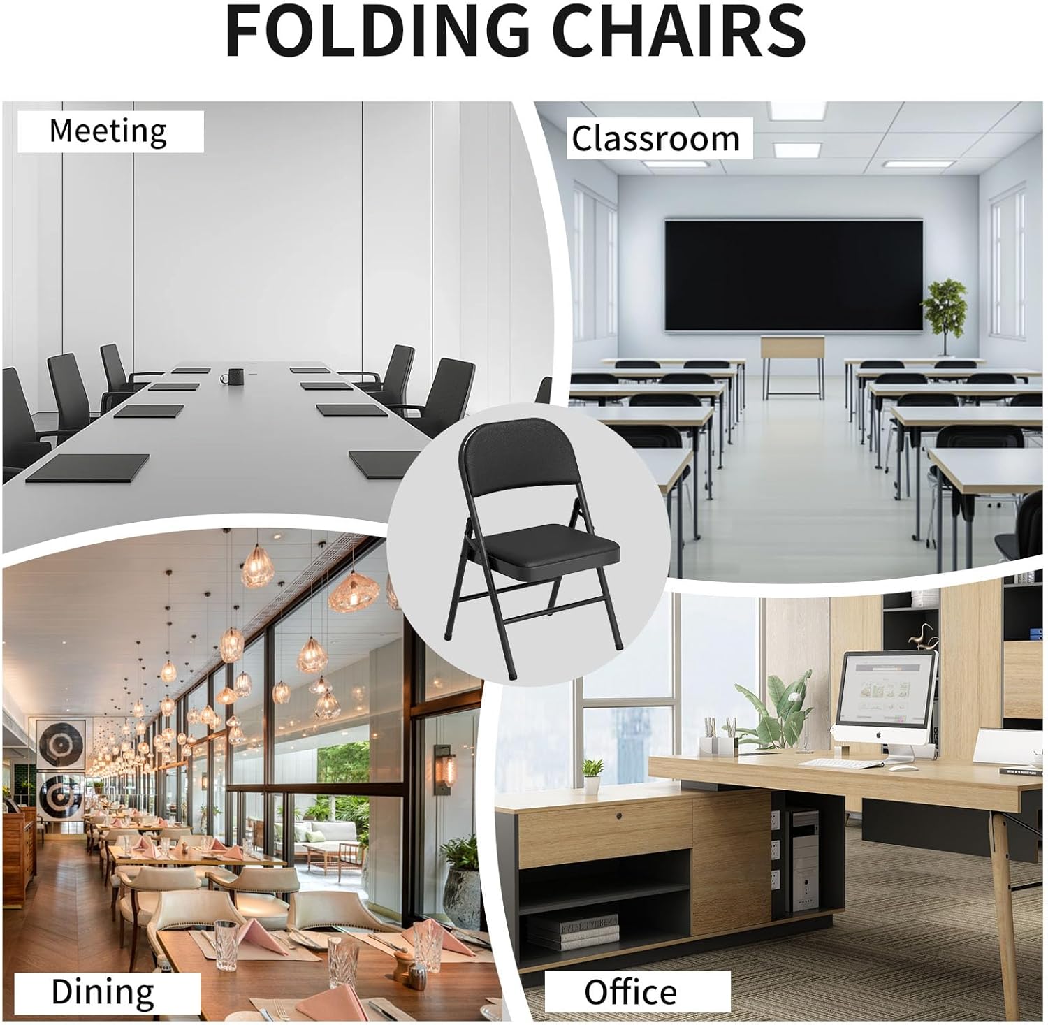 Set of 10 Folding Chairs with Cushion, No Assembly Wedding Chair, 280 LBS Capacity, Padded Folding Chairs 10 Pack for Banquet, Party, Picnic, Outdoor & Indoor Events, Black