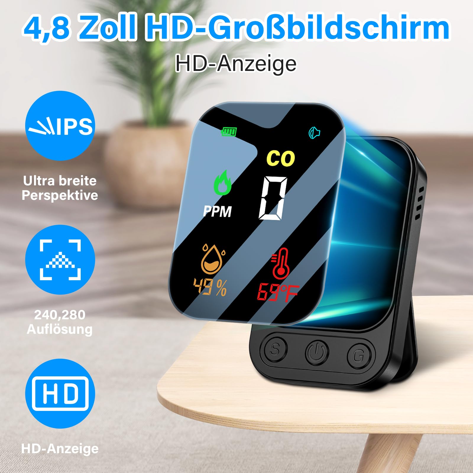 YEREADW CO-Melder 3-in-1 - Tragbarer Kohlenmonoxid Detektor Mit Temperaturanzeige