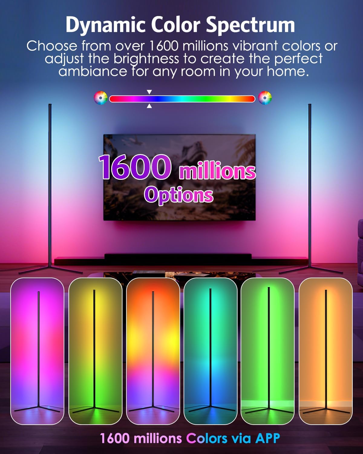 Upgraded Floor Lamp, 64.5''RGB LED Corner Lamp with App & Remote Control, 16 Million Colors & 300+ Scene, Standing Lamp with Music Sync for Living Room, Gaming Room，Bedroom