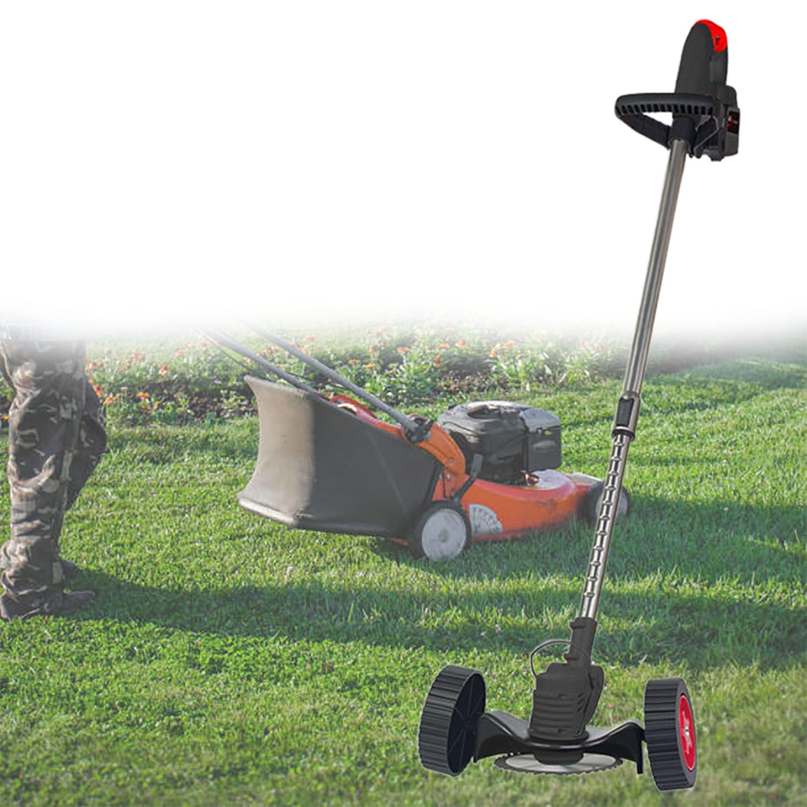 Desbrozadora De Hilo Inalámbrica, Batería De 4 X 1,8 Ah Y Cargador, 3 En 1, Recortadora De Césped, Bordeadora De Ruedas Y Desbrozadora, con Cabezal Ajustable, Pértiga Tel,Black