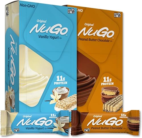 NuGo Variedad original, yogur de vainilla 15 barras y mantequilla de maní, 15 barras, 0.43 onzas de proteína, sin gluten, 30 unidades