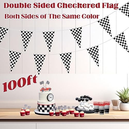 Miniatura 2 de Bandera a cuadros de 100 pies, banderas de carreras, ruedas de autos de carreras, decoraciones de fiesta de cumpleaños, suministros de decoración