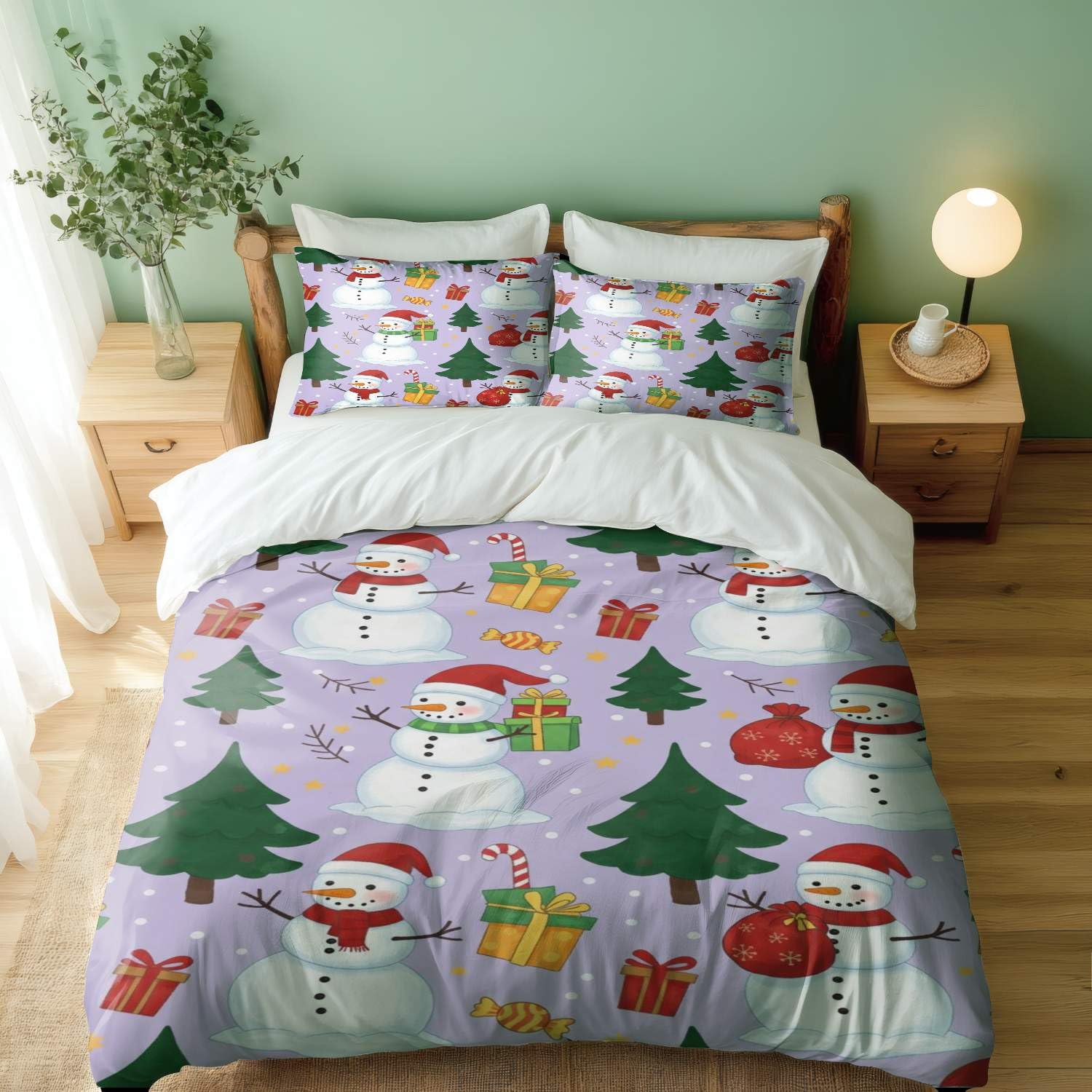 Housse de couette 3D Noël rose 200x200 parure anti-pli facile à laver pour lit double