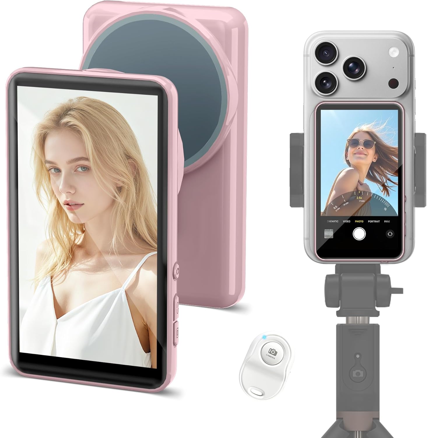 Vlog Selfie Monitor Screen for iPhone 17/16/15/Android, Magnetic Back Camera Selfie Monitor with Remote/Zoom/Speaker for Live Streaming/YouTube Starter Vlogging Kit Content Creator Essentials, Pink