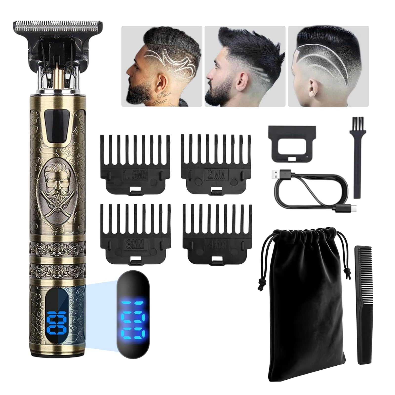 Yhfesh 電動バリカン ヘアカッター セルフカット プロ仕様 バリカン ヘアトリマー 静音 高炭素ステンレス刃 0.1mm 超薄刃 コードレス ガイドコーム 4 種付 1.5-4mm対応 収納ポーチ付 LED 電量表示 USB 充電 長時間使用 メンズ 子供 ペット対応 家庭用 サロン級 初心者向け ファミリーカット (3)