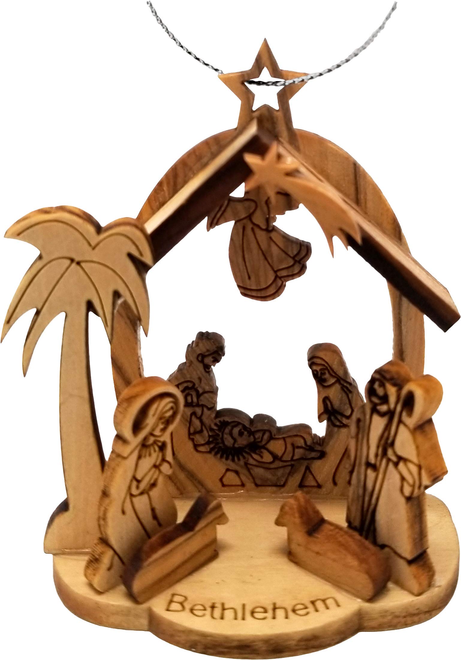 Logos Trading PostHoly Land Olive Wood Christmas Nativity Scene Ornament from Israel, Manger Grotto Scene with Attached Silver String, Hanging Olive Wood Ornament from Bethlehem - Small