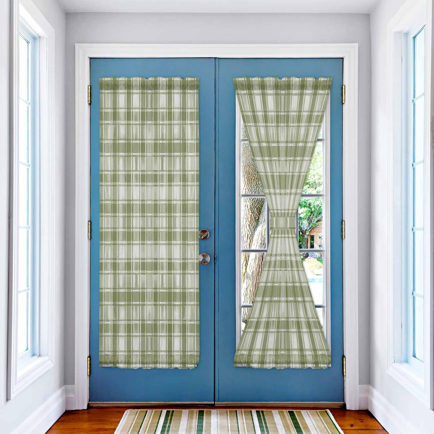 Sage Green Plaid French Sidelight Front Door Curtain For Door Window, Side Door Drape Rod Pocket Drapery for Kitchen Patio Doors, Rustic Modern Abstract Painting Art 1 Panel with Tieback, 54"x 72"