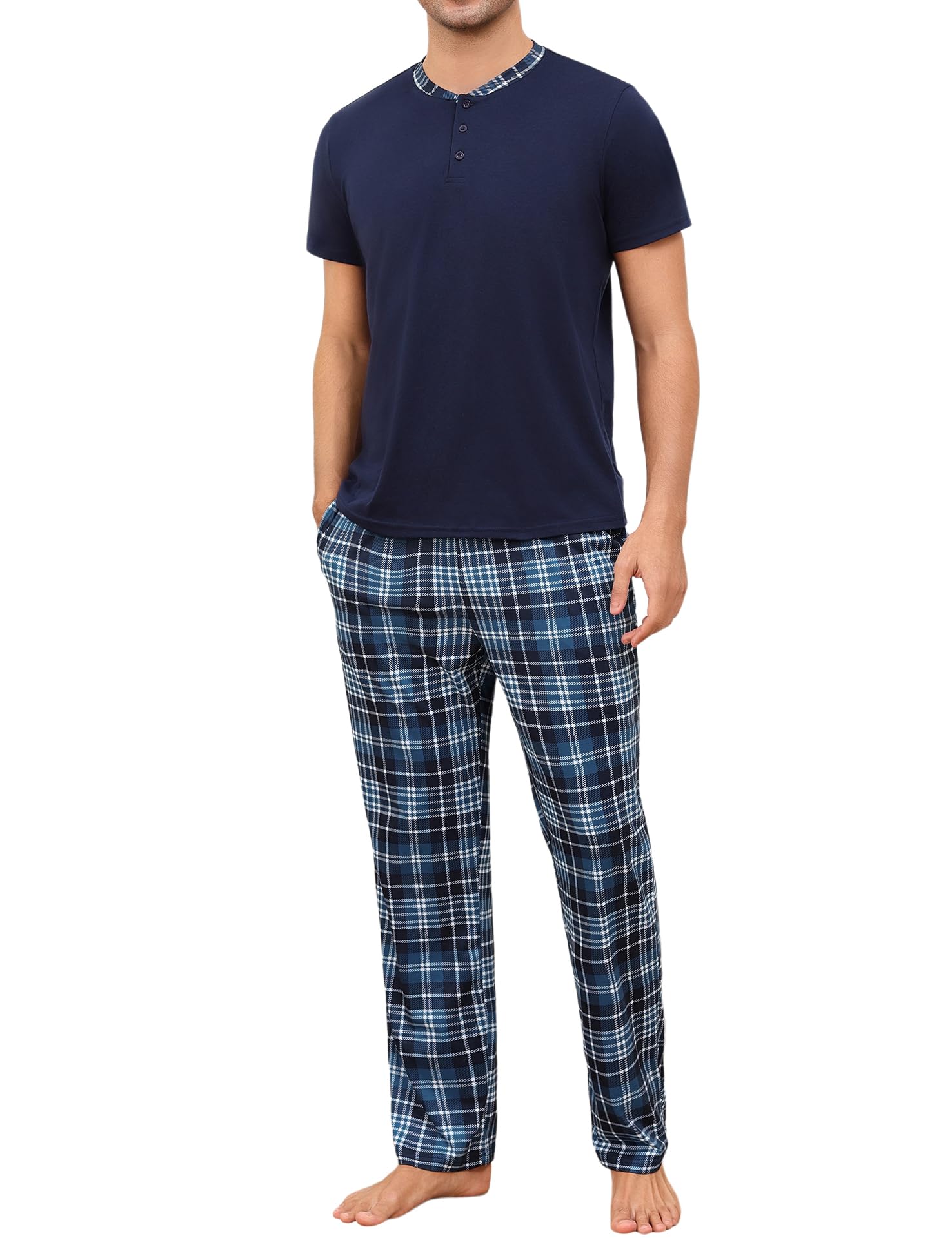 Aseniza Pigiama Uomo Top Girocollo a Maniche Corte e Pantaloni Lunghi a Quadri Pigiama da Due Pezzi Abbigliamento da Casa Comodo S-3XL