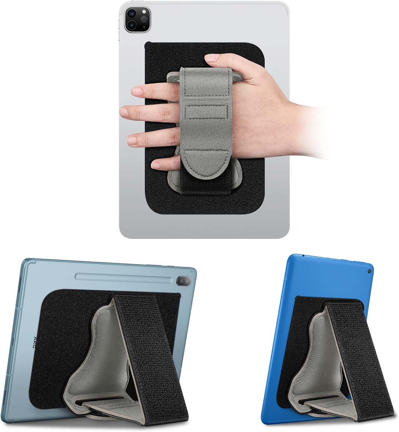 Fintie Universal Tablet Hand Strap Holder - [Dual Stand Supports] Detachable Padded Hook & Loop Fastening Handle Grip with Adhesive Patch for iPad/Galaxy Tab and All 7-11" Tablets, Gray