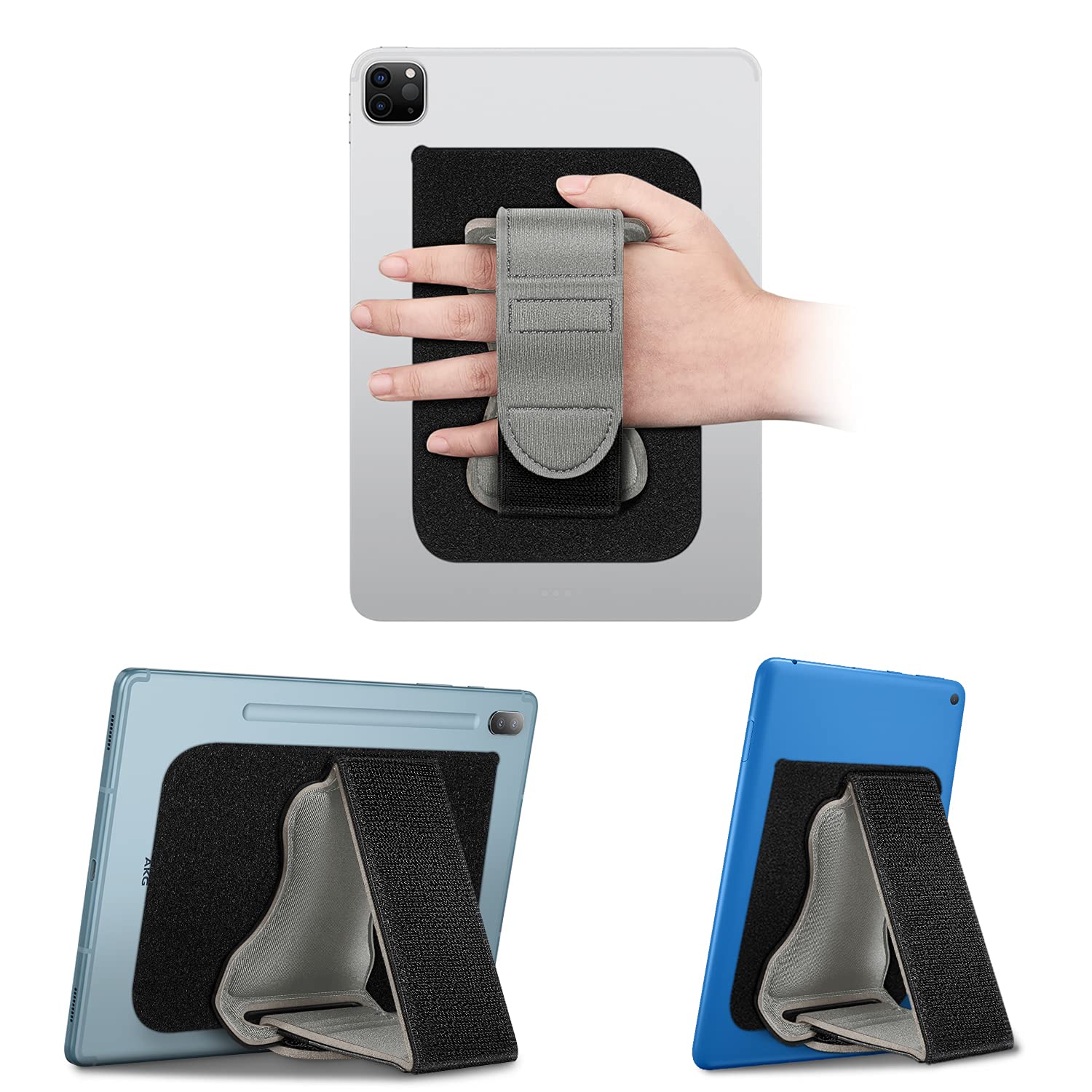 Fintie Universal Tablet Hand Strap Holder - [Dual Stand Supports] Detachable Padded Hook & Loop Fastening Handle Grip with Adhesive Patch for iPad/Galaxy Tab and All 7-11" Tablets, Gray