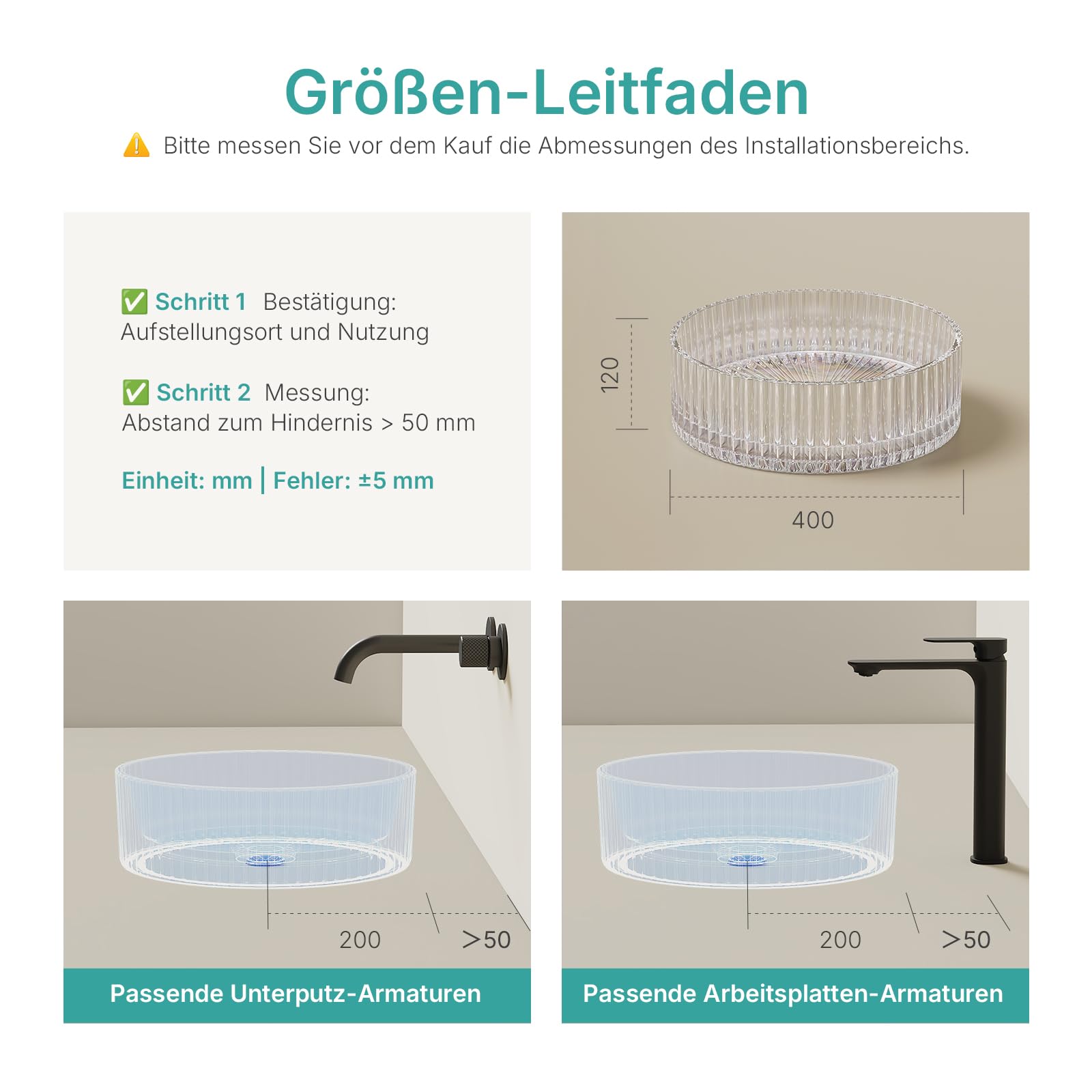 EMKE Glas Aufsatzwaschbecken Rund 40,0 × 40,0 × 12,0 cm – Design Glas Waschbecken Großvolumen für Badezimmer & Gäste-WC, Waschtisch Handwaschbecken Ohne Hahnloch, Regenbogen