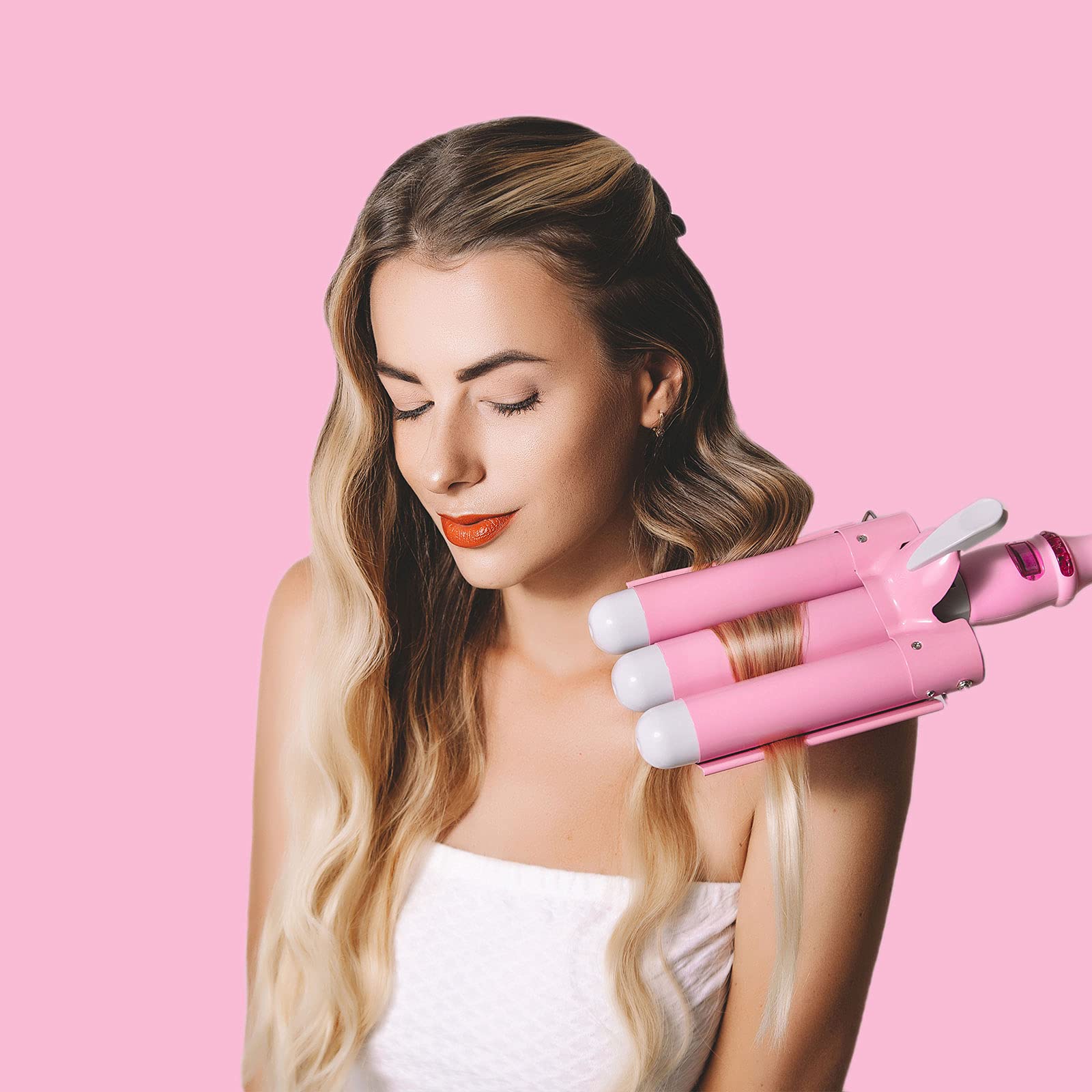 32mm Jumbo Hair Waver Iron, 3 Barrel Curling Iron Wand with LCD Temp