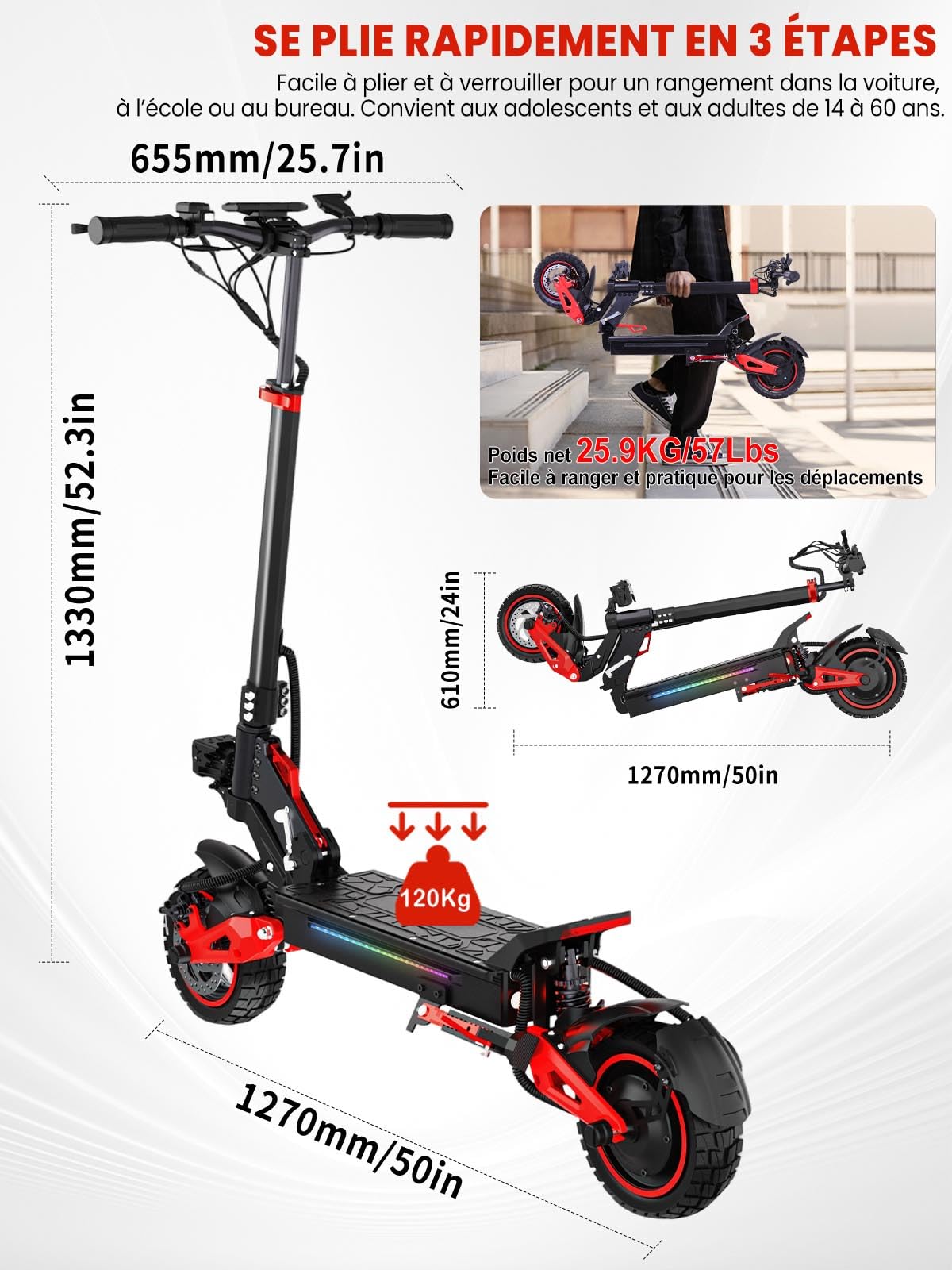 Trottinette Électrique Adulte 1600W - Autonomie 45-55KM Batterie 48V 18Ah Trotinette Electrique Adulte 10.5" Tout Terrain Double Suspension Double Frein Trottinette Électrique Pliable