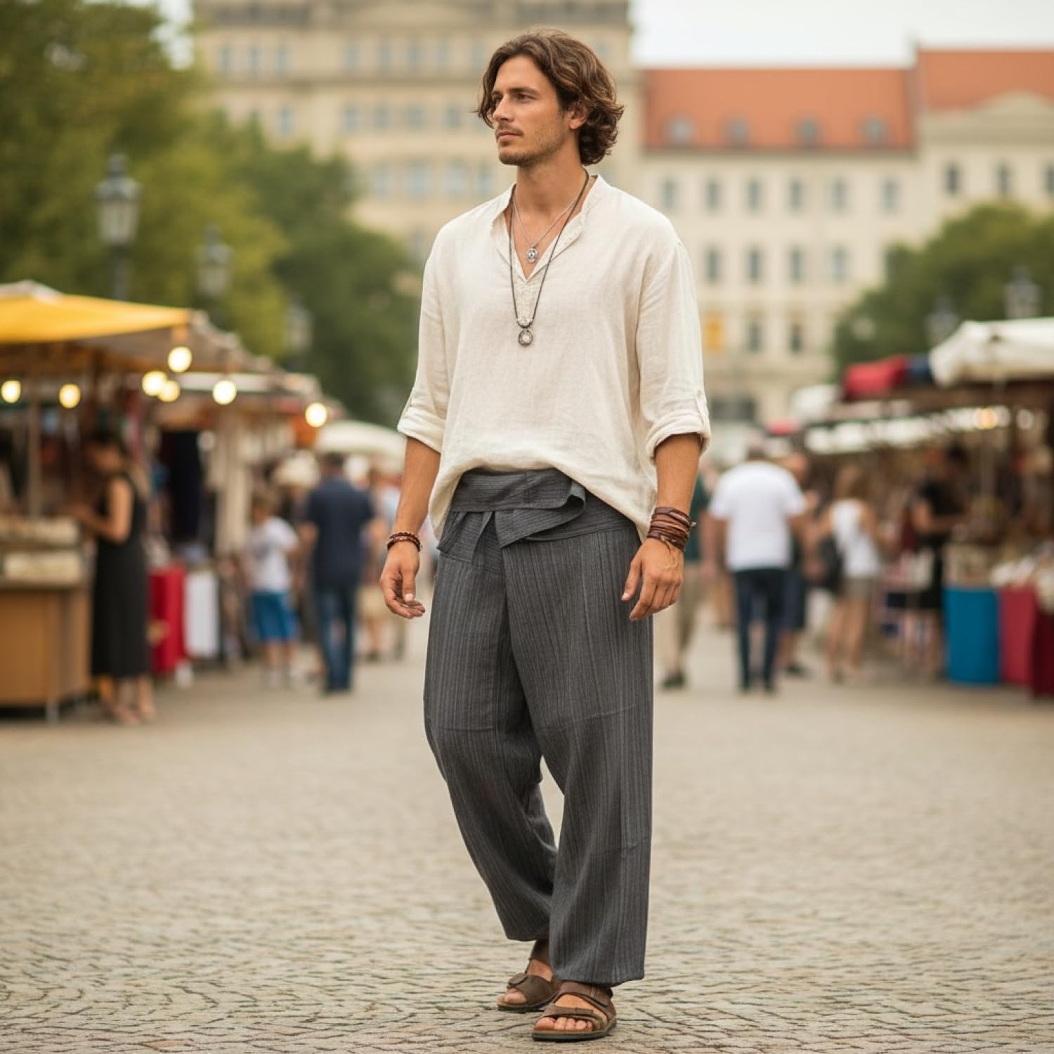 GURU SHOP Pantalones de pescador tailandeses de tejido a rayas, holgados de algodón, pantalones anchos de yoga, para hombre/mujer, naranja, algodón, talla: talla única