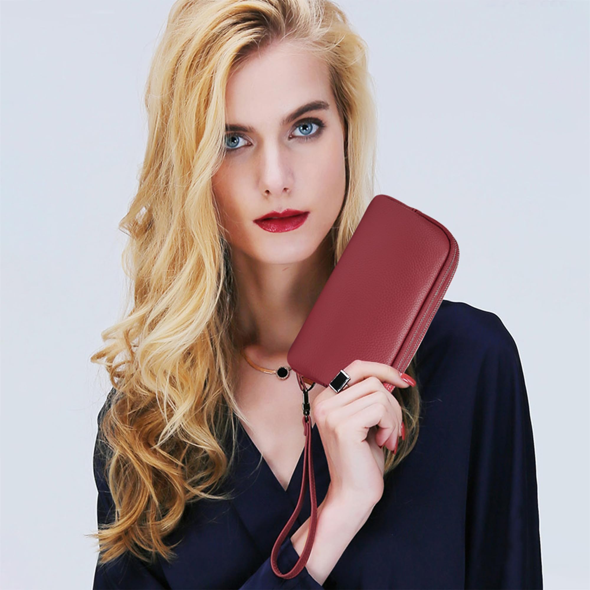 Mujer Cartera Cuero Genuino Gran Capacidad Elegante Billeteras Cremallera Ligera Monederos Carteras de Piel para Dama con Correas de Muñeca Rojo
