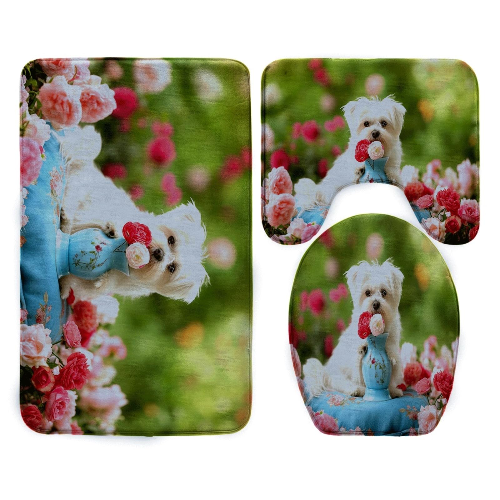 Tapis de bain antiderapant chien et fleur verte en polyester pour couloir 45x75cm