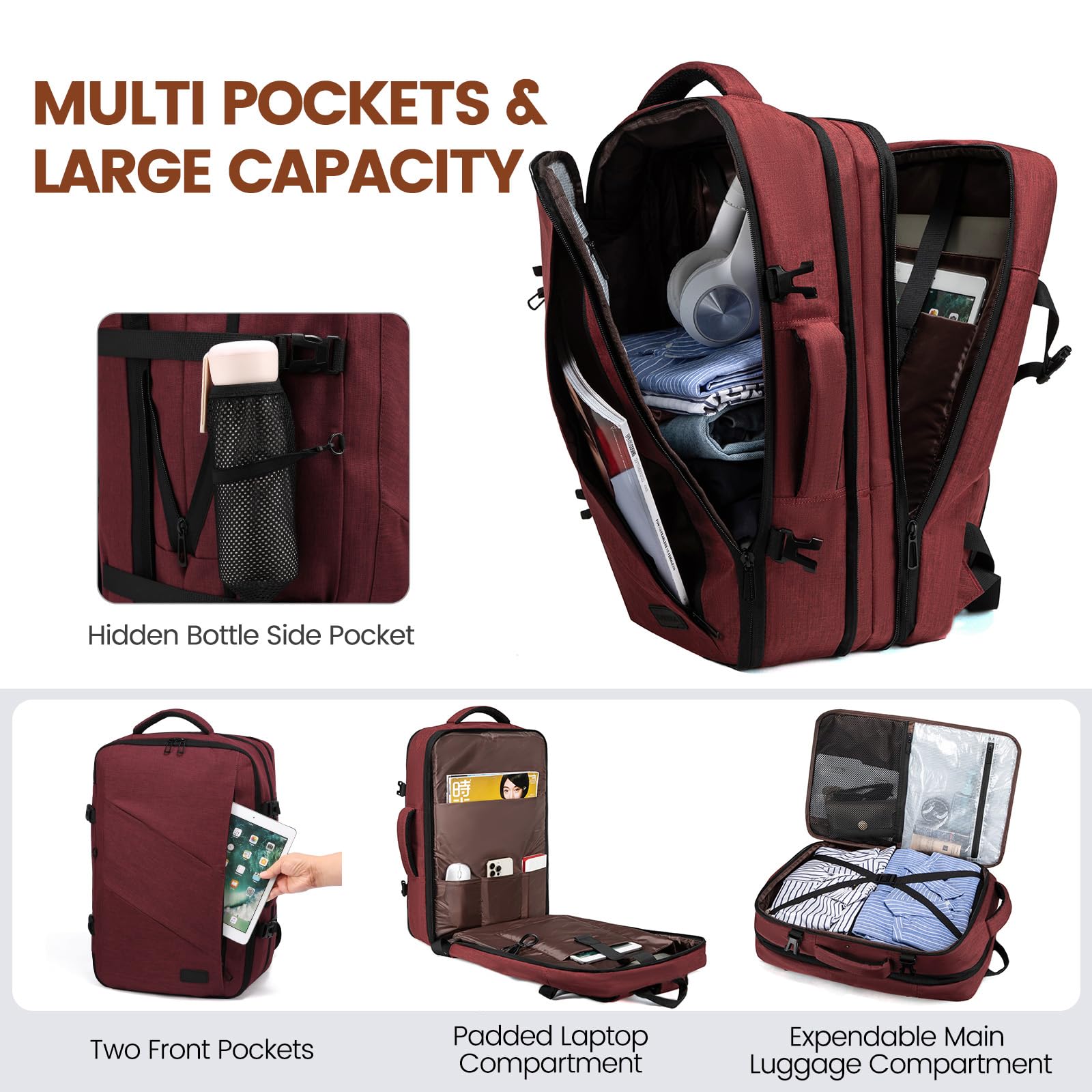 LOVEVOOK Zaino Donna Zaino Grande Da Viaggio Per Aereo, Bagaglio A Mano Borse Da Cabina Con porta usb, Zaino Per PC 17,3 Pollici, Travel Bag Impermeabile Con Organizer Valigia 3 Pezzi Rosso