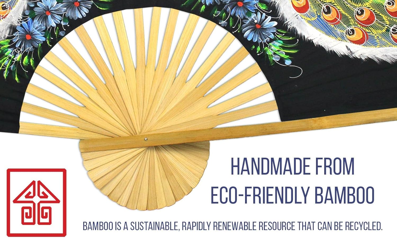 Meeting of the Peacocks Folding Wall Fan Hand-painted Wall Decor Art, Handmade Original Acrylic Painting on a Natural Bamboo Frame for Living Room or Bedroom Decoration (40 inch wide, Black)