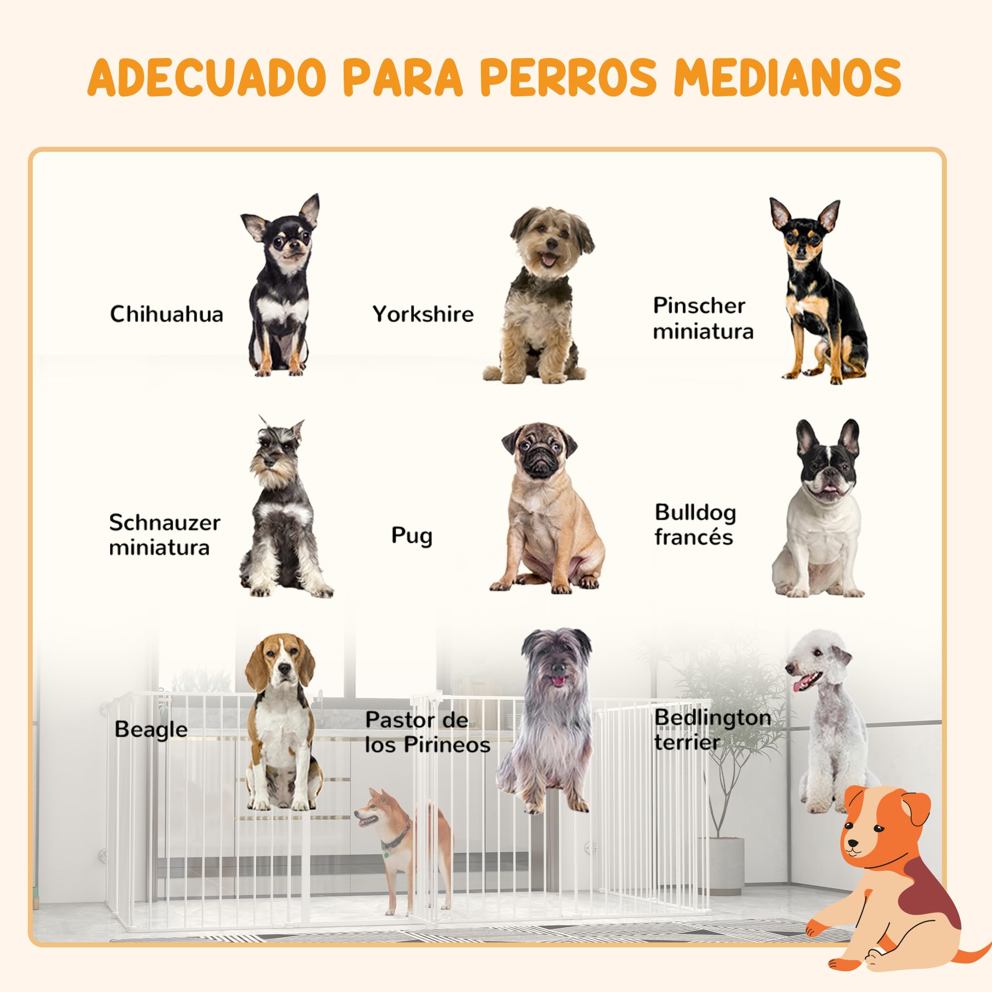 PawHut Parque para Perros de 8 Paneles 64x90 cm Corralito para Mascotas Plegable de Acero con Doble Cerradura Función de Bloqueo Auxiliar y Forma de Bricolaje para Pasillos Escaleras Blanco