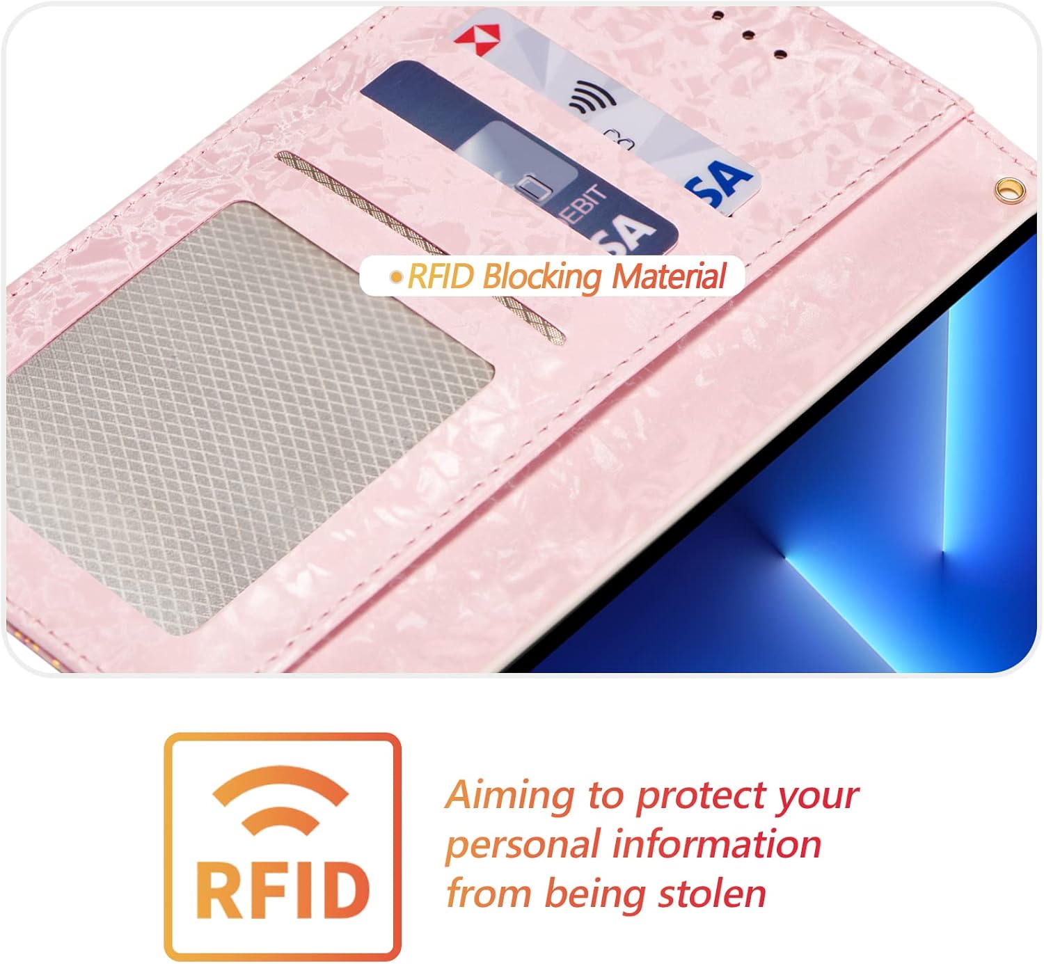 UEEBAI Wallet Case for iPhone 13 Pro Max 6.7 inch, PU Leather Case Kickstand RFID Blocking Flip Case Card Slots Wrist Strap Relief Engraved Pattern Magnetic Closure Flower Folio Case, White Rose - Image 4