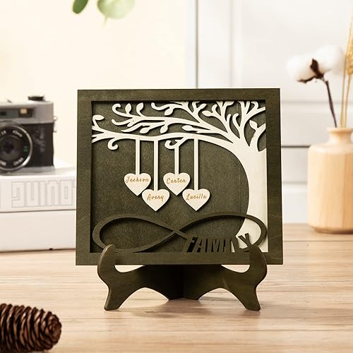 Vista 7 de Árbol genealógico con etiqueta de corazón, placas de madera grabadas personalizadas, regalos personalizados para madres, padres, escritorio, nombres