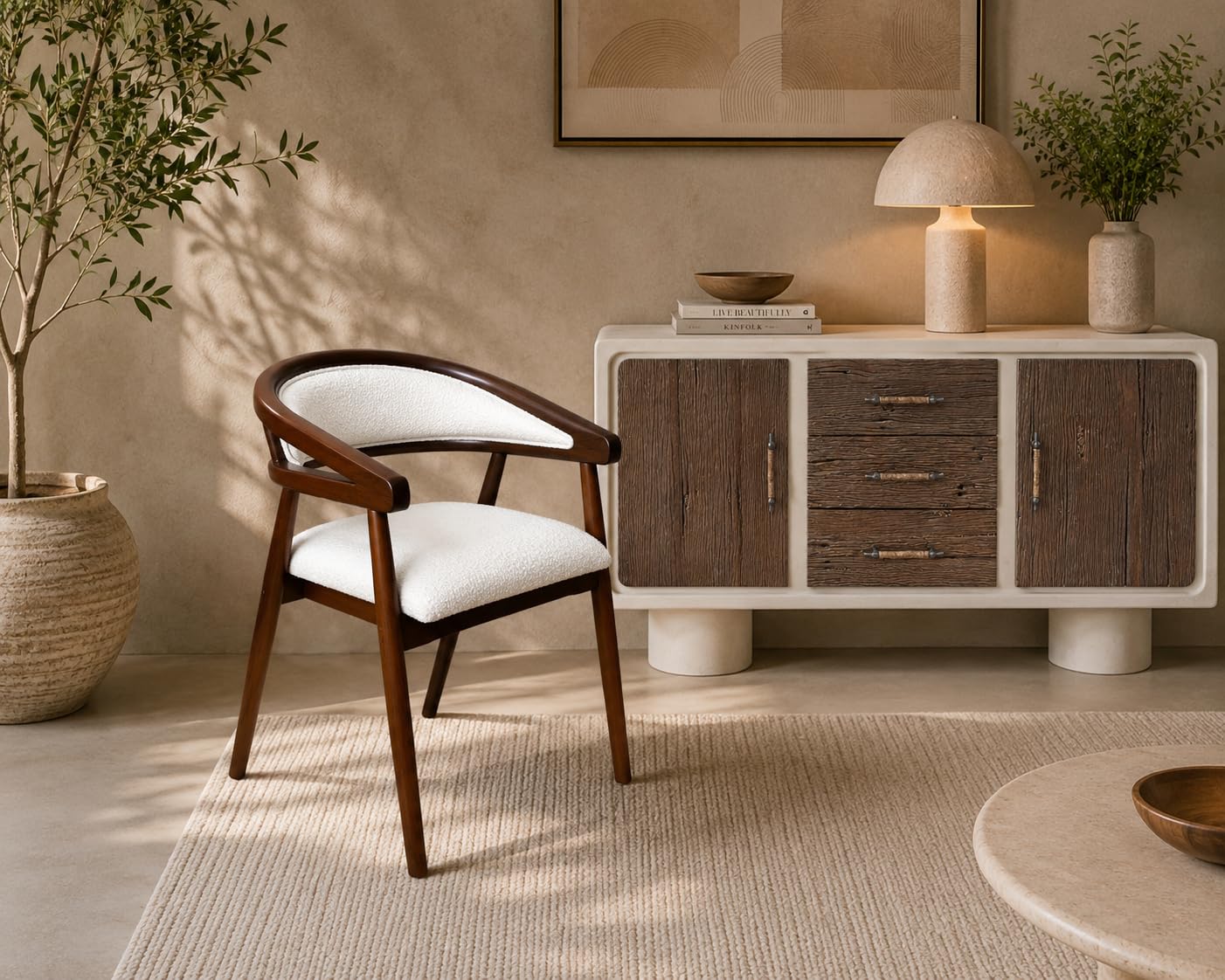 Modern Upholstered Accent Dining Chair with Curved Backrest, Solid Wood Frame, Bouclé Fabric Seat & Back, Comfortable Armchair for Dining Room, Living Room & Café – 56 × 57 × 73 CM-image-34