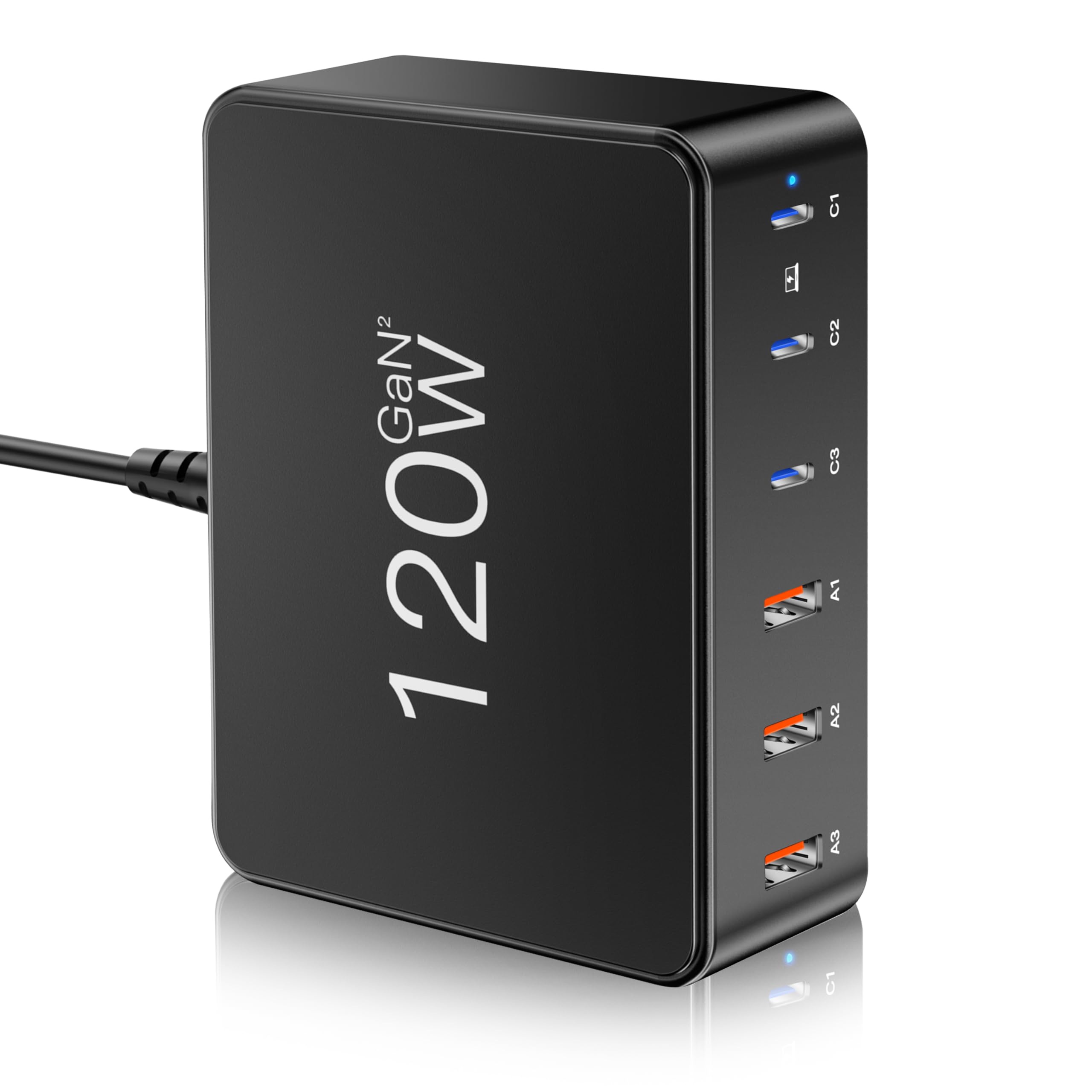 Caricatore USB C 120W,Presa USB Multipla Caricatore USB Multiplo con 3 PD Type-C e 3 QC3.0 USB-A,Stazione di ricarica USB Caricabatterie USB C Rapido per Macbook,Laptop,iPhone 16,Samsung,iPad-Nero