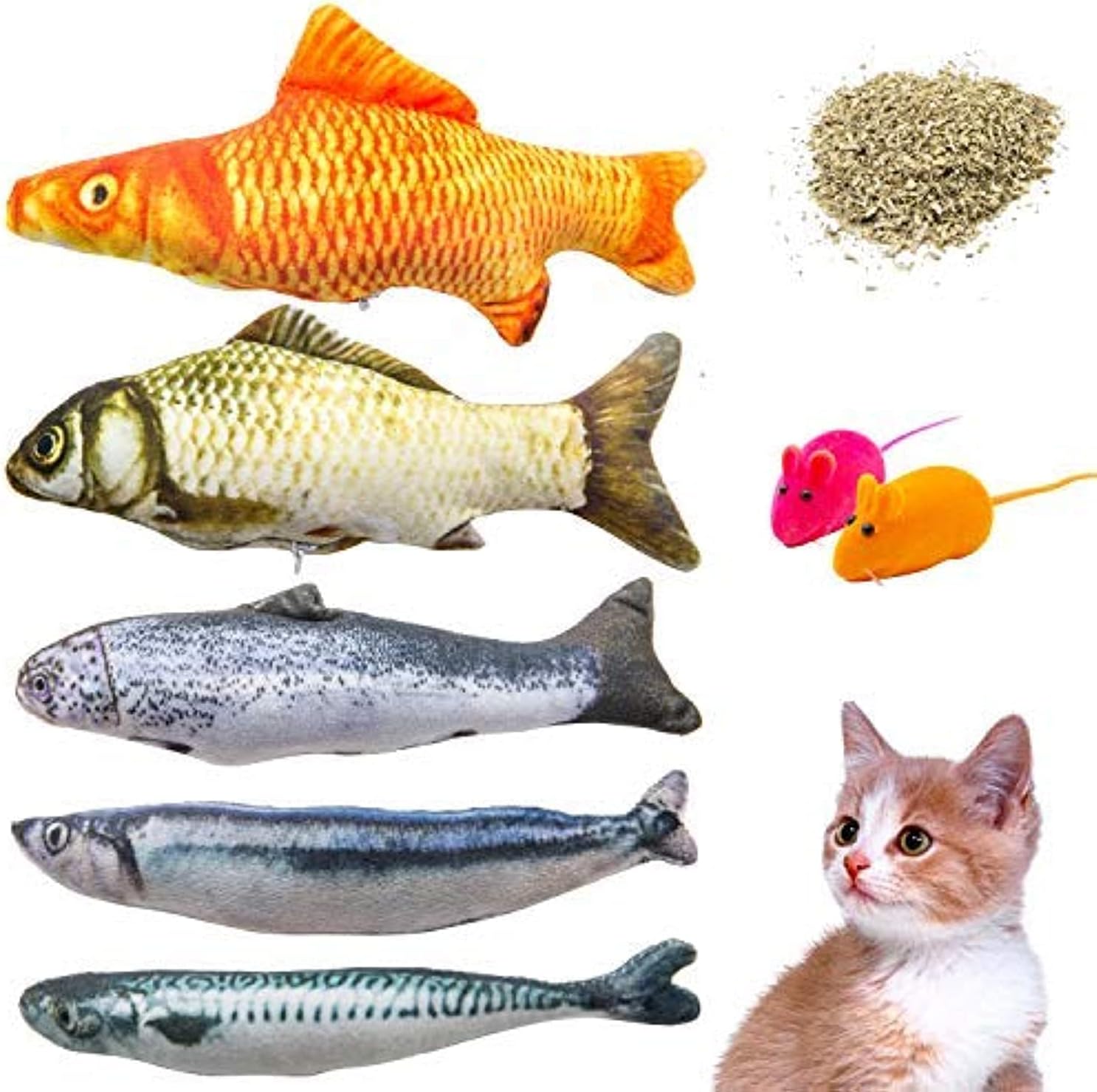 Youngever 7 Cat Toys Assortment with 5 Refillable Catnip Fish Cat Toys and 2 Catnip Fur Mouse Cat Toys, Extra Catnip for Refill, for Cat, Puppy, Kitty, Kitten, Ferret, Rabbit