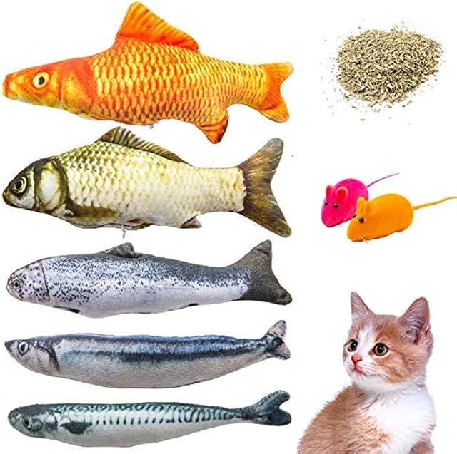 Youngever 7 Cat Toys Assortment with 5 Refillable Catnip Fish Cat Toys and 2 Catnip Fur Mouse Cat Toys, Extra Catnip for Refill, for Cat, Puppy, Kitty, Kitten