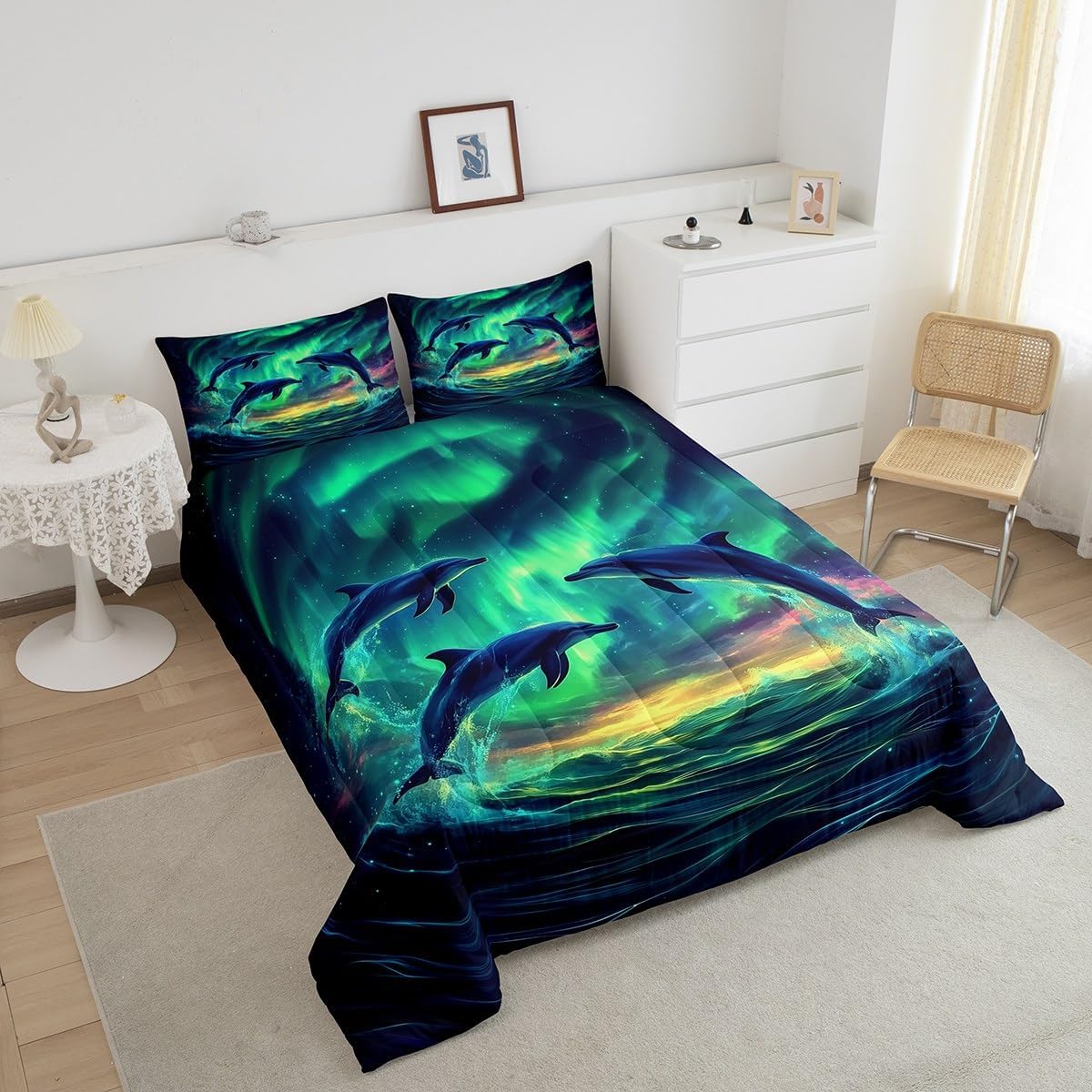 Erosebridal Aurora Dolphin Comforter Set Queen,Ocean Waves Dolphin Bedding Set for Kids Adults,Northern Lights Quilt Bed Set Nautical Coastal Bedding Comforter Sets with 2 Pillowcases Room Decor