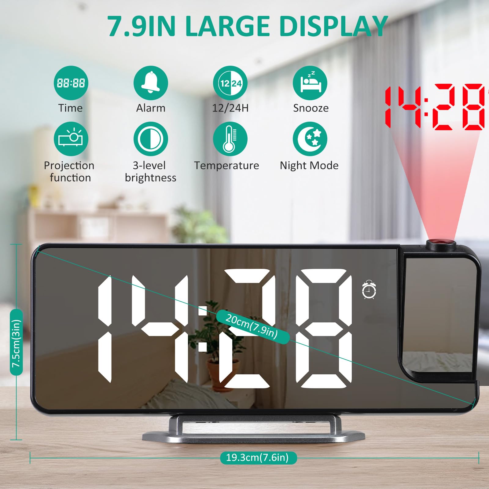Sveglia con Proiettore, 7,9 Pollici Sveglia Digitale da Comodino con Proiettore con Rotazione di 180°, Orologio a Specchio LED con Temperatura, Snooze, 3 Luminosità, 12/24H, Cifre Colorate