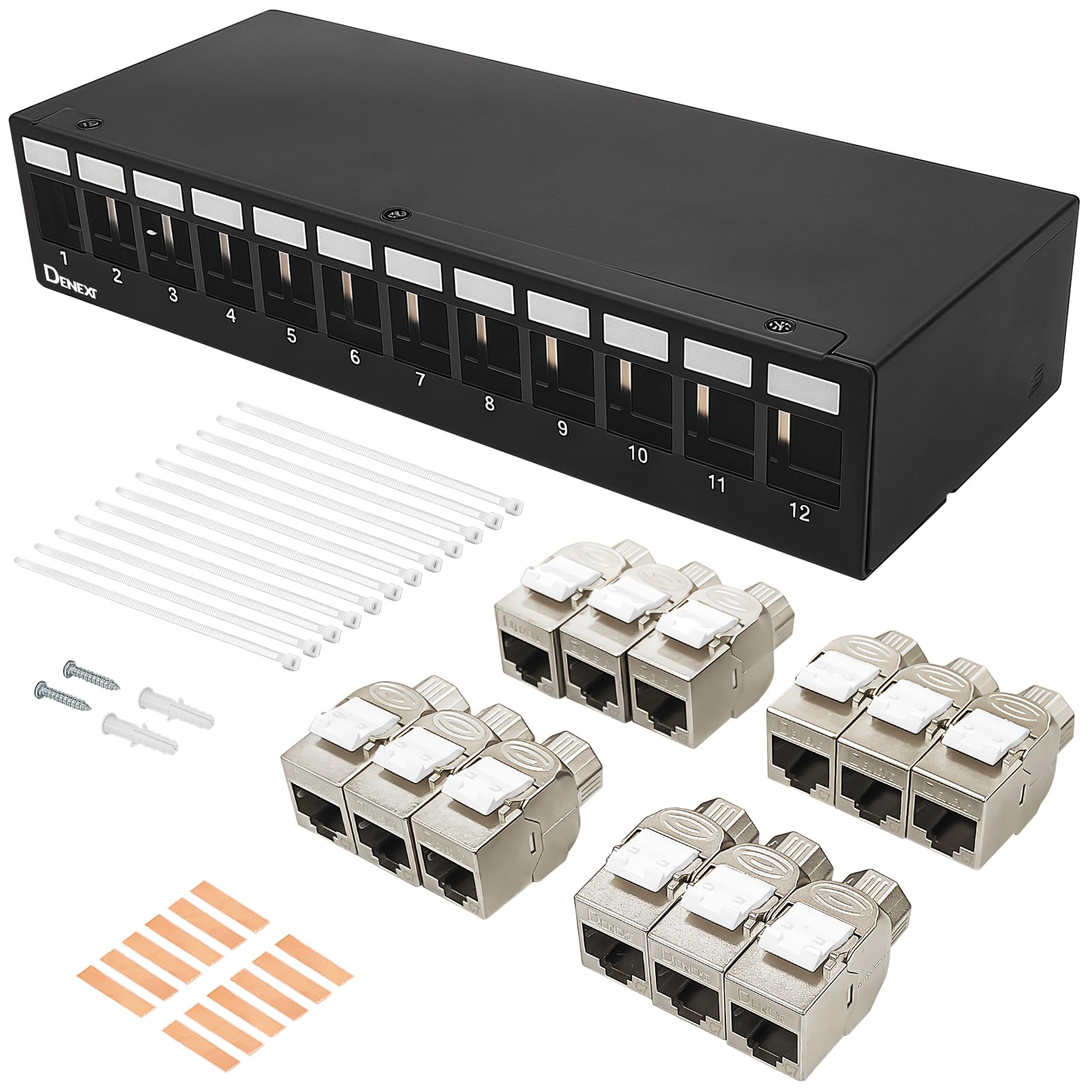 DENEXT 12 Port Patchpanel - 12x Cat7 RJ45 Keystone Jack Modul Patchfeld 1 HE STP 10 Gbps Kompatibel mit CAT6 CAT6a CAT7 Ethernet LAN-Desktop & Wandmontage