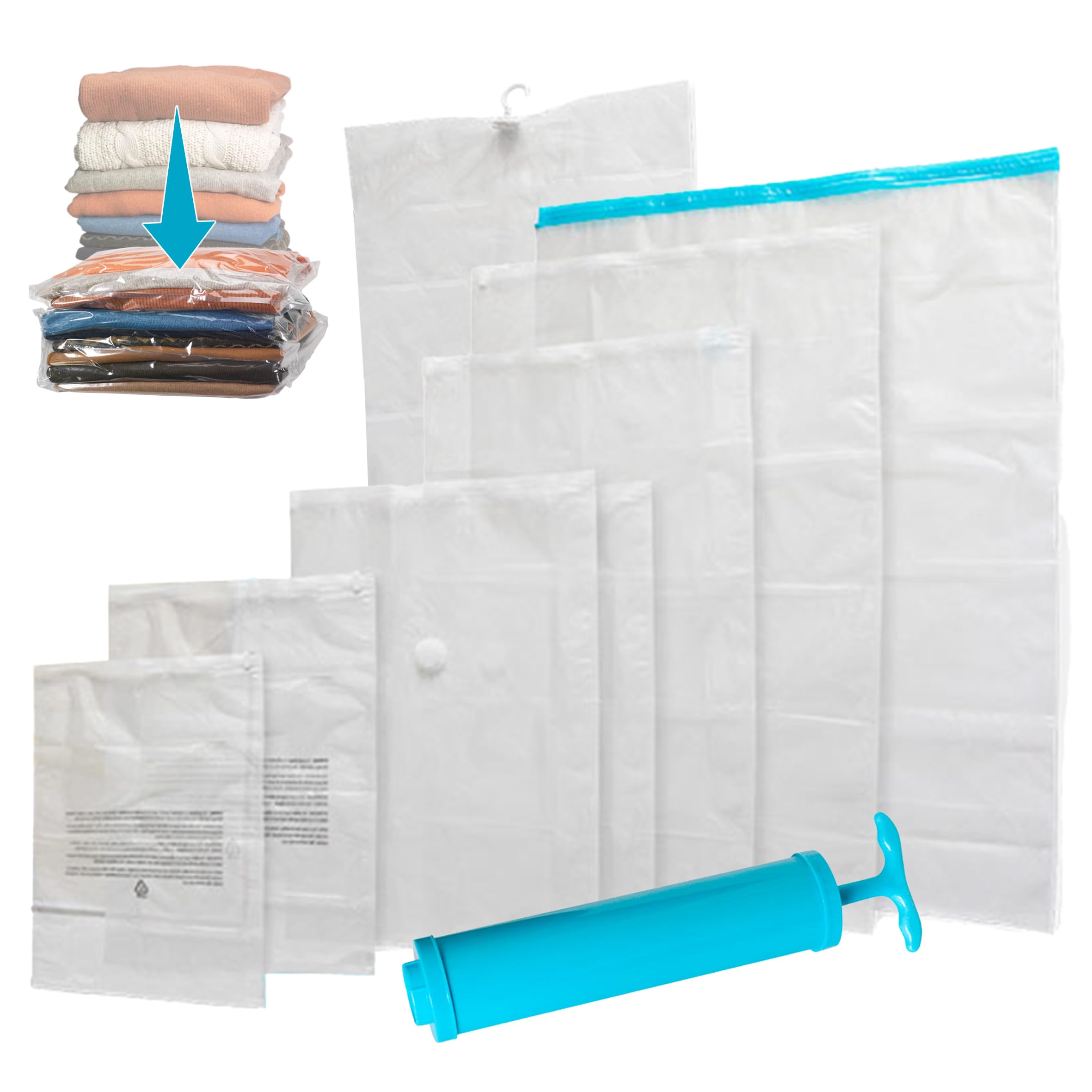 Set 8 Bolsas de Vacío Ropa GUARDAPLUS: Edredones Abrigos Viaje... Ahorra espacio. Desinflado rápido. Incluye: 1 XXL, 1 XL, 1 M, 2 S, 1 Trajes + 2 Bolsas viaje + Bolsa Zapatero + Bomba Extractora