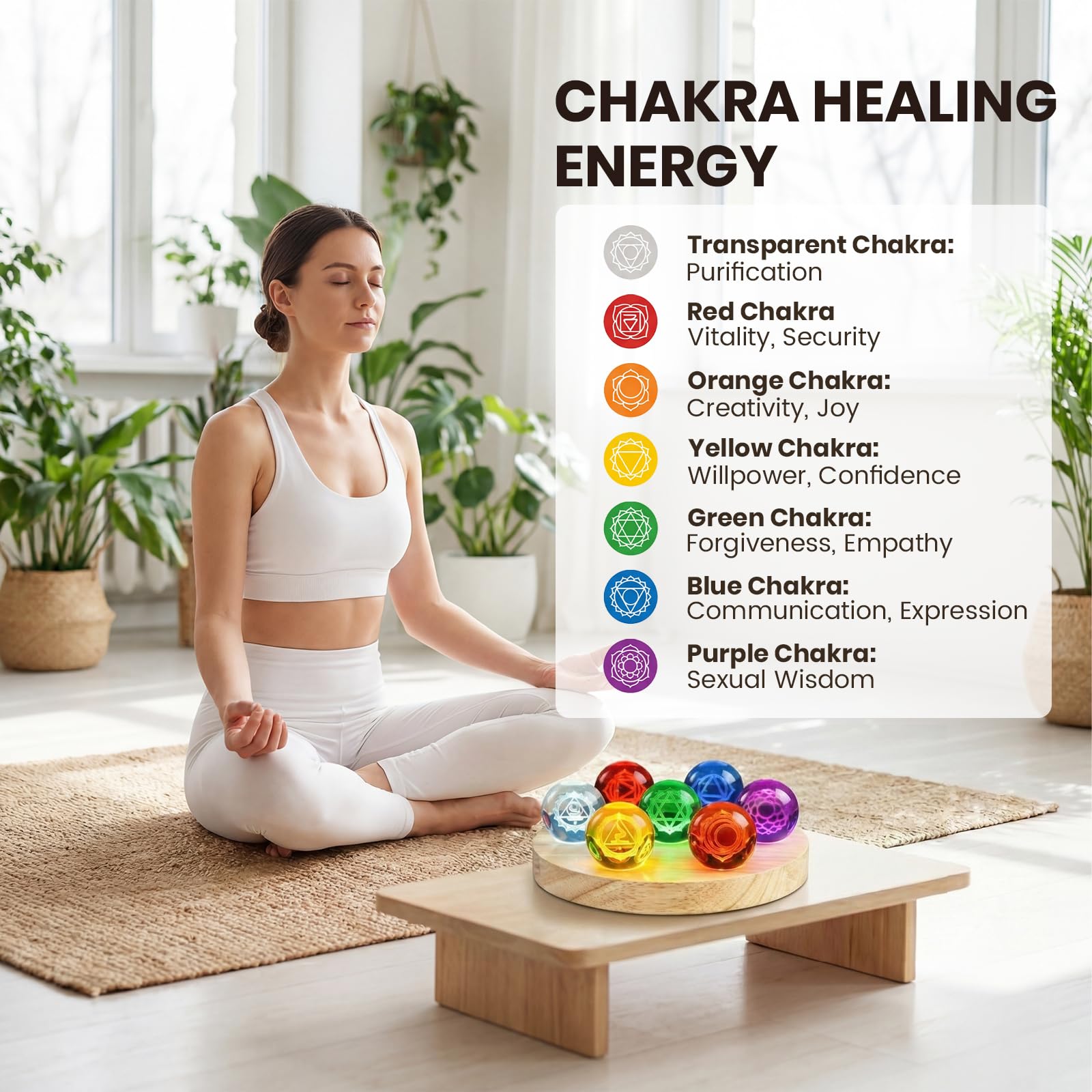 Hivexagon Bola de cristal de 7 chakras de 40 mm con base de madera. Incluye regulador de intensidad y temporizador para meditación. decorativa. Regalo (Round)