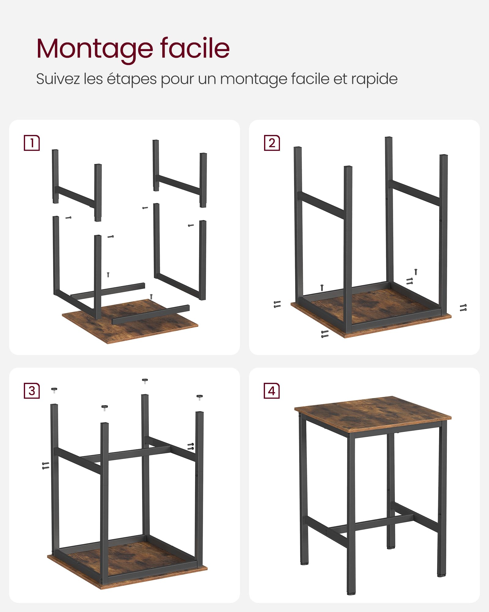 VASAGLE Ensemble Table Haute avec 2 Tabourets de Bar, Table de Bar Carrée, Table de Cuisine, Chaises de Bar, Chaise de Cuisine, Cadre en Métal, Montage Facile, Marron Rustique et Noir LBT031B01